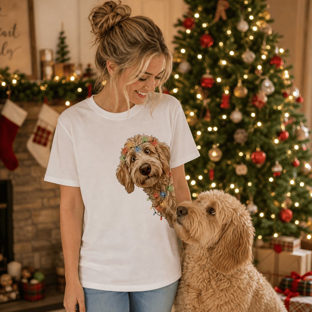 Peeking Apricot Goldendoodle Holiday T-Shirt in by Puppy Jo