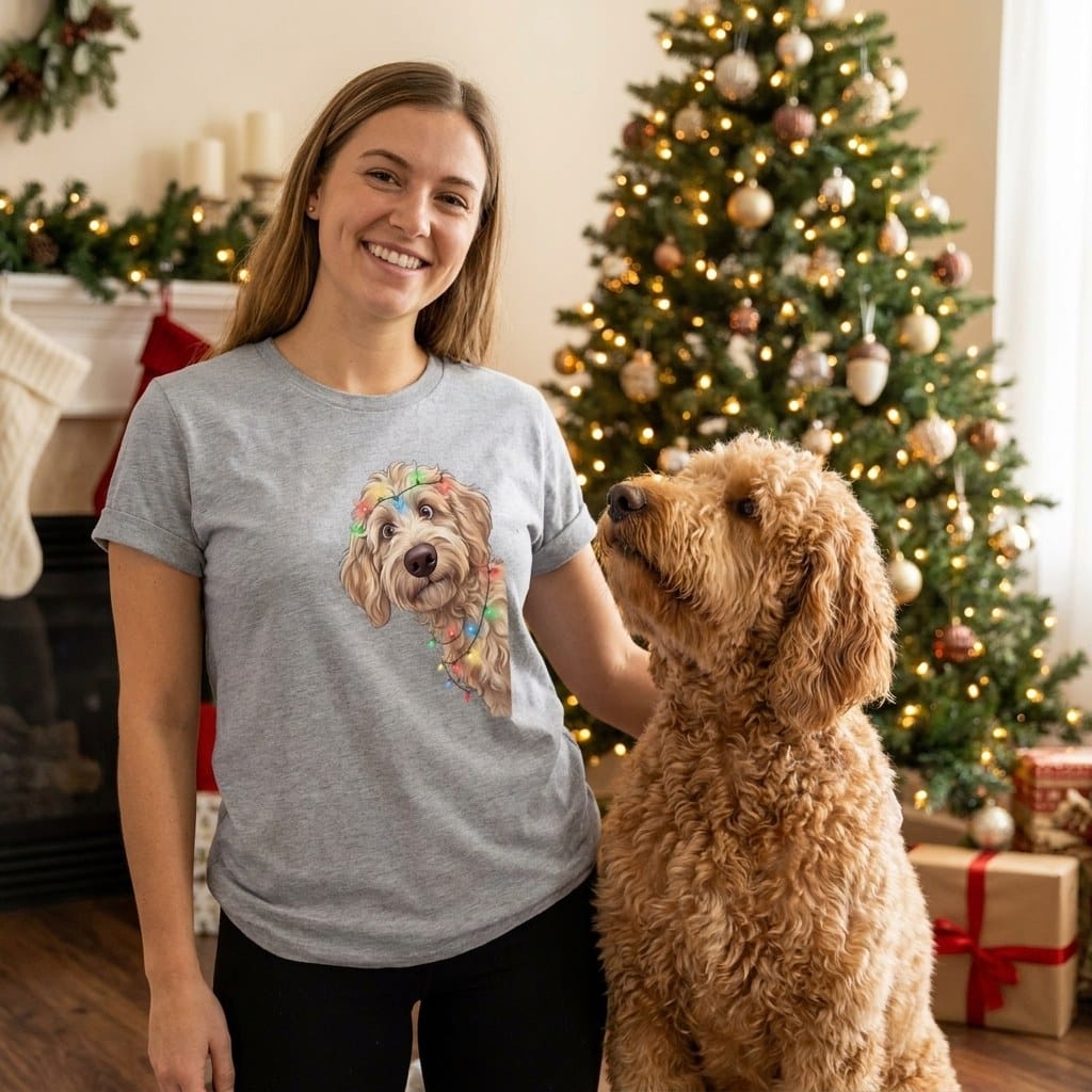 Peeking Apricot Goldendoodle Holiday T-Shirt in by Puppy Jo