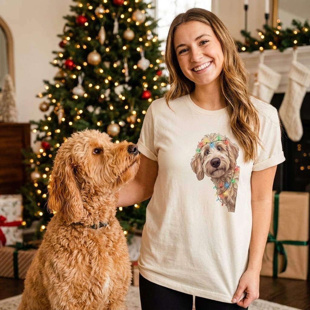 Peeking Apricot Goldendoodle Holiday T-Shirt in by Puppy Jo