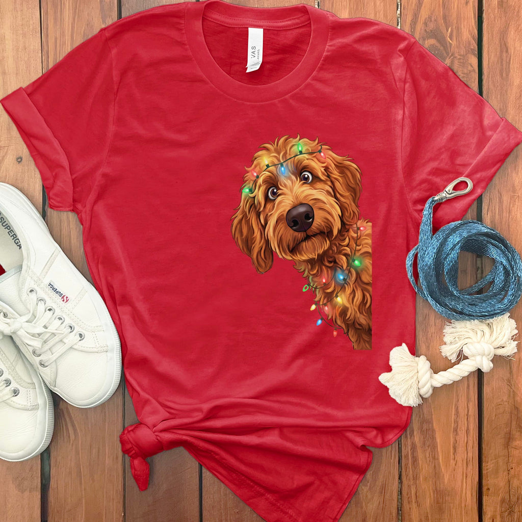 Peeking Apricot Goldendoodle Holiday T-Shirt in Red / M / T-Shirts by Puppy Jo