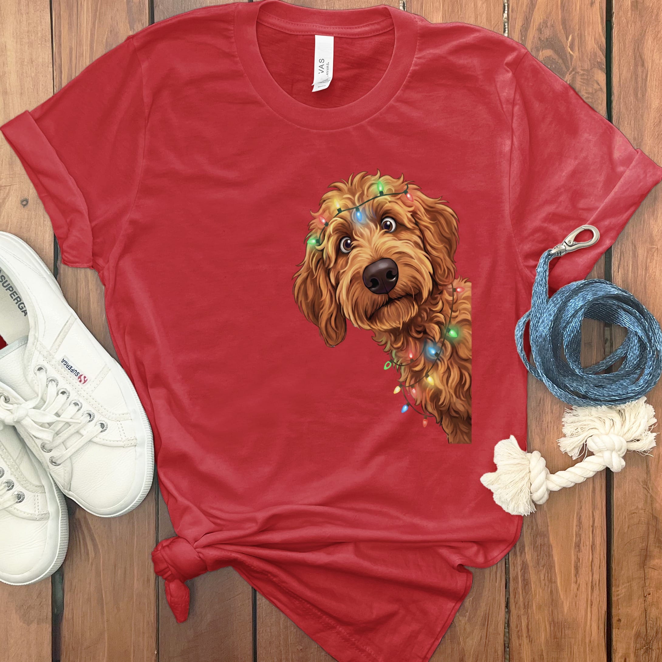 Peeking Apricot Goldendoodle Holiday T-Shirt in Red / M / T-Shirts by Puppy Jo