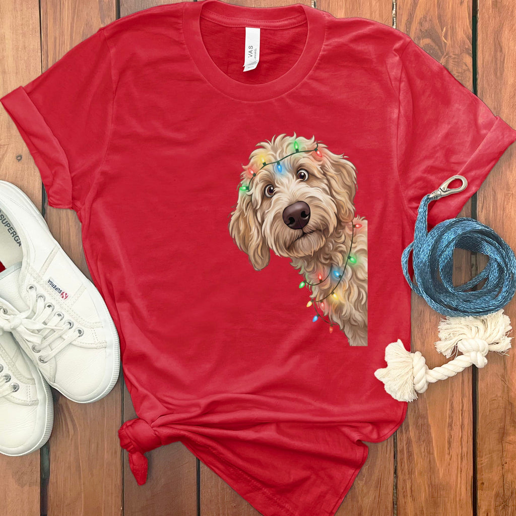 Peeking Apricot Goldendoodle Holiday T-Shirt in Red / M / T-Shirts by Puppy Jo