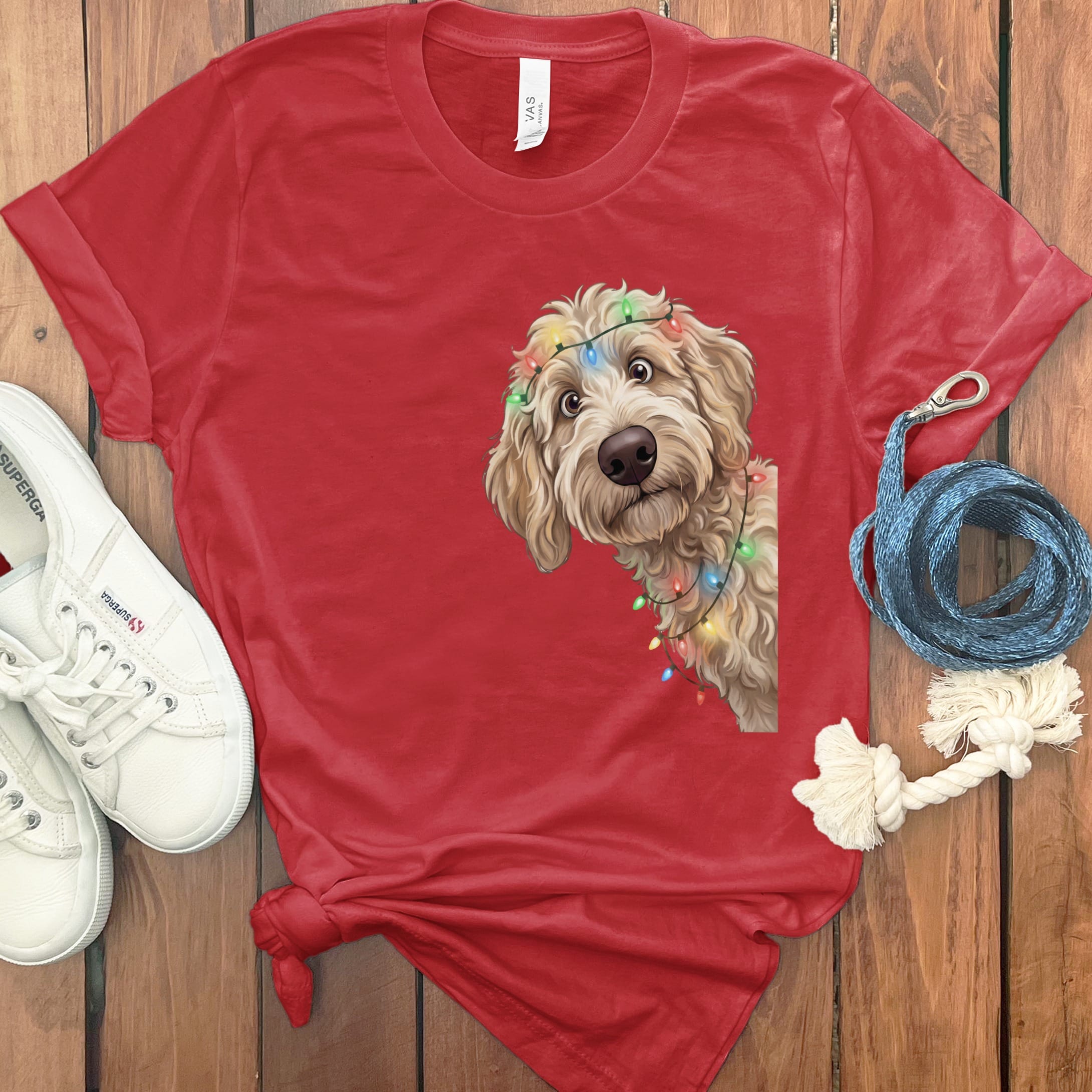 Peeking Apricot Goldendoodle Holiday T-Shirt in Red / M / T-Shirts by Puppy Jo