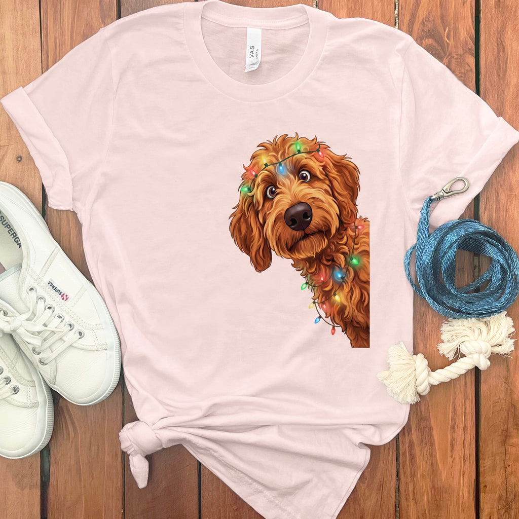 Peeking Apricot Goldendoodle Holiday T-Shirt in Soft Pink / M / T-Shirts by Puppy Jo