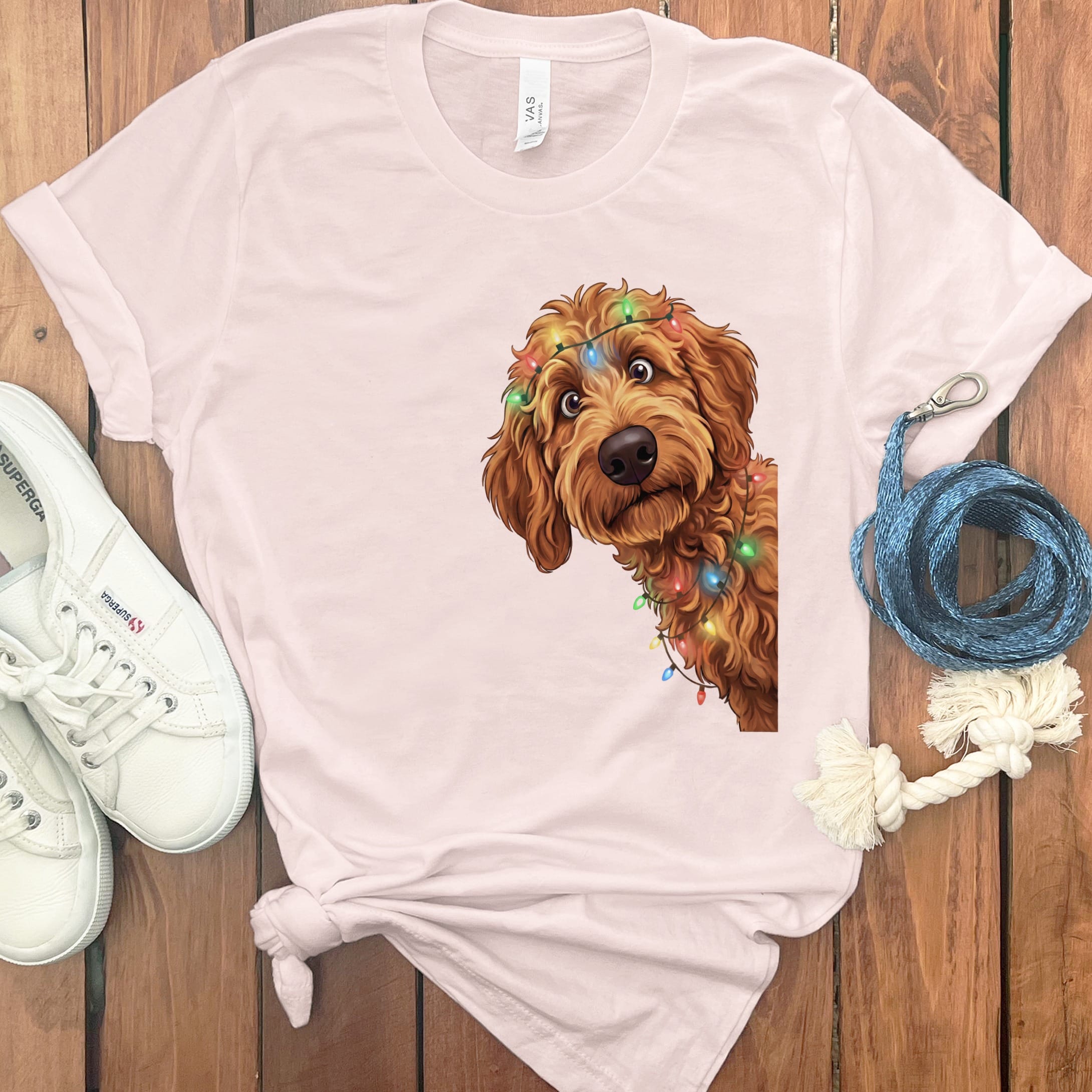 Peeking Apricot Goldendoodle Holiday T-Shirt in Soft Pink / M / T-Shirts by Puppy Jo
