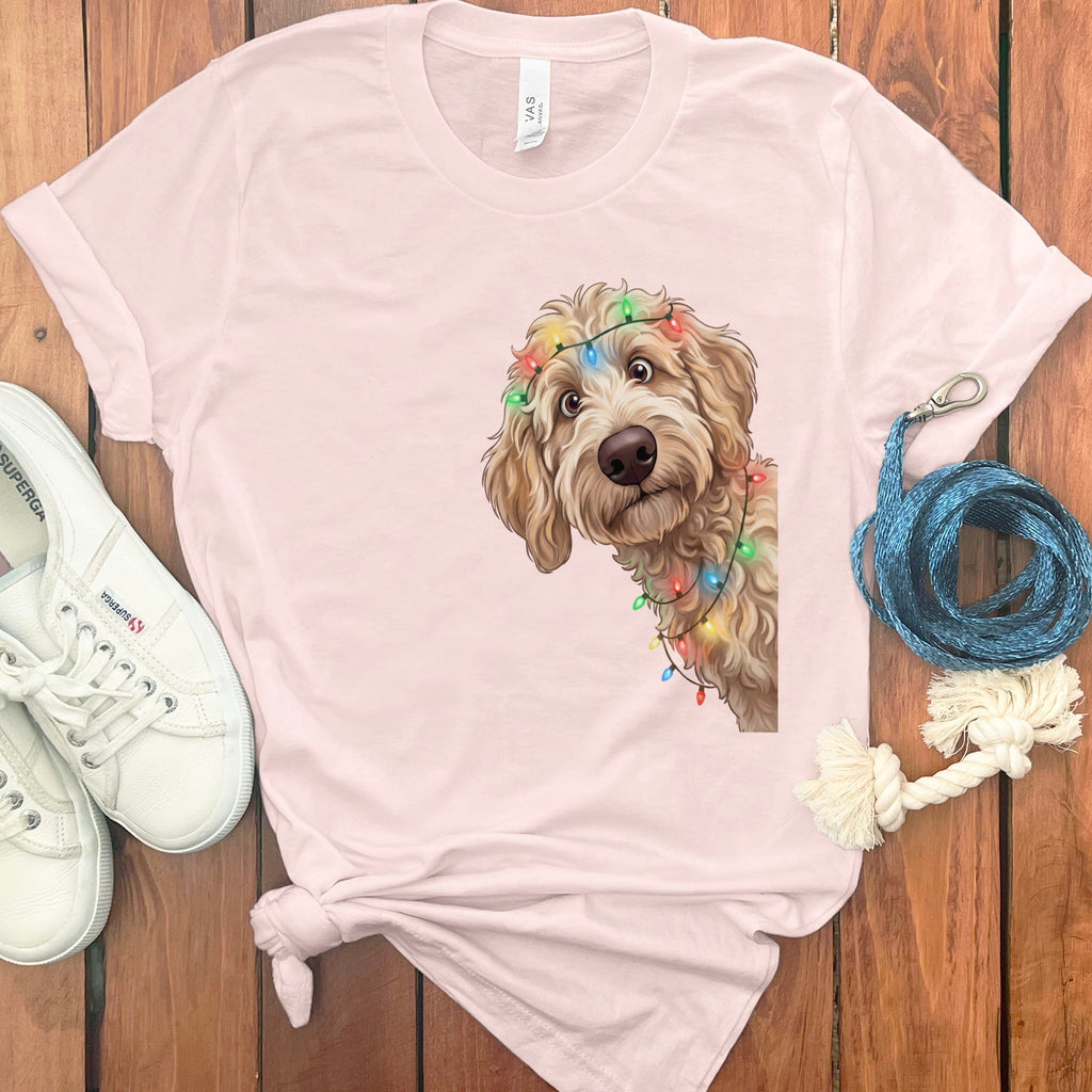 Peeking Apricot Goldendoodle Holiday T-Shirt in Soft Pink / M / T-Shirts by Puppy Jo