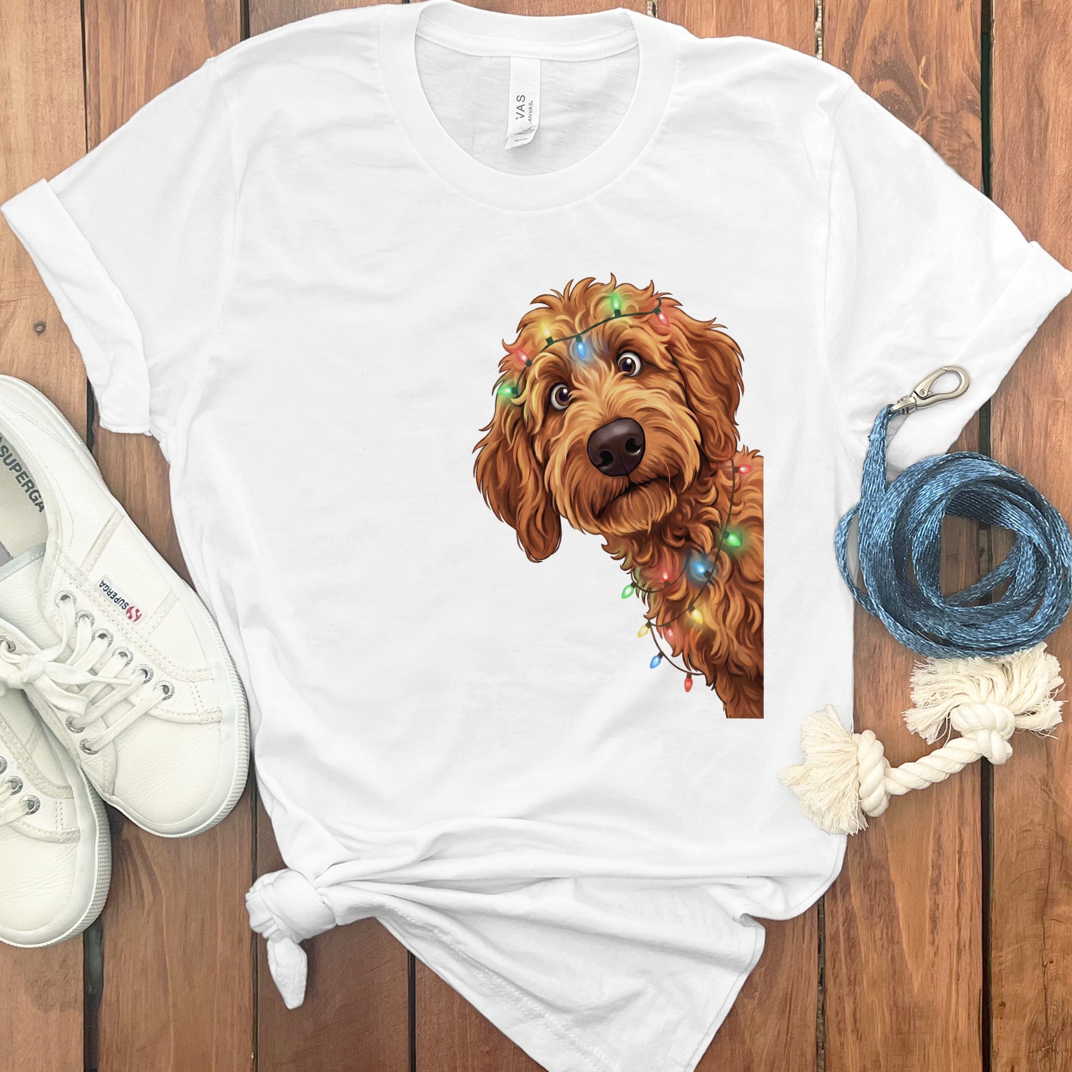 Peeking Apricot Goldendoodle Holiday T-Shirt in White / M / T-Shirts by Puppy Jo