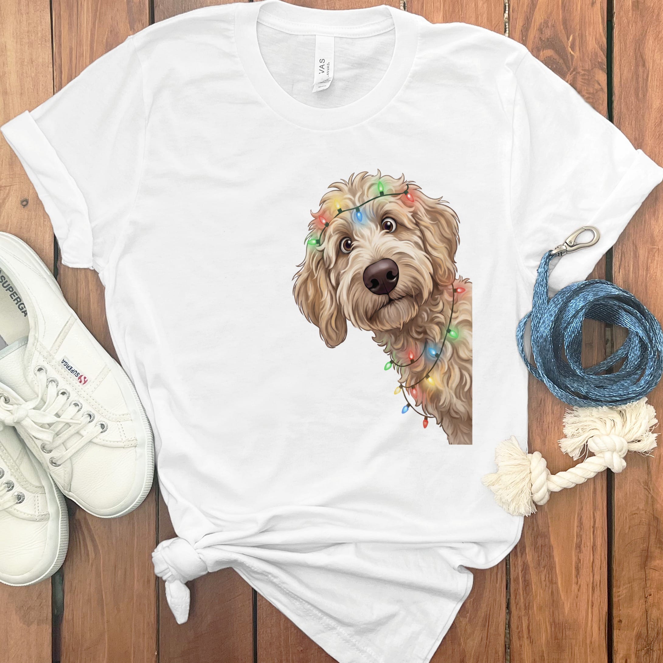 Peeking Apricot Goldendoodle Holiday T-Shirt in White / M / T-Shirts by Puppy Jo