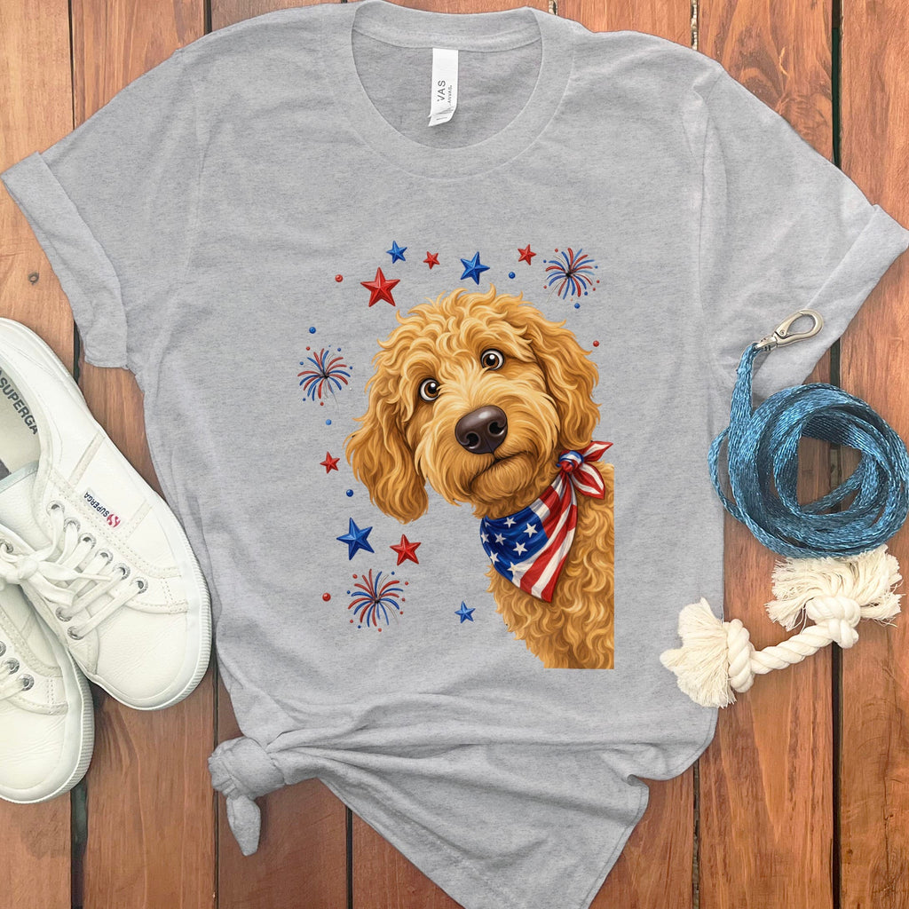 Peeking Apricot Goldendoodle Patriotic T-Shirt in Athletic Heather / S by Puppy Jo