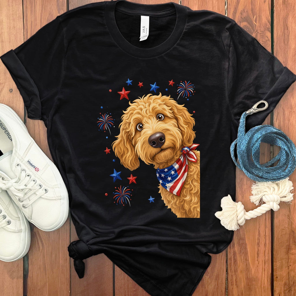 Peeking Apricot Goldendoodle Patriotic T-Shirt in Black / S by Puppy Jo