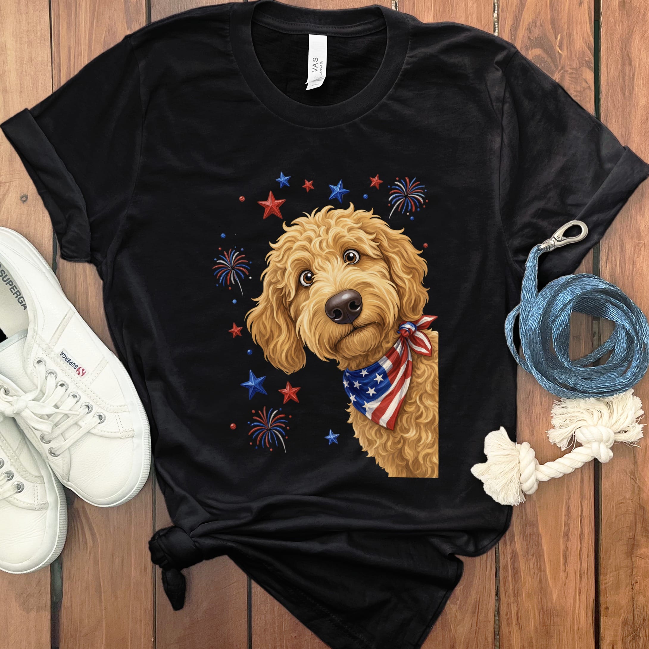 Peeking Apricot Goldendoodle Patriotic T-Shirt in Black / S by Puppy Jo