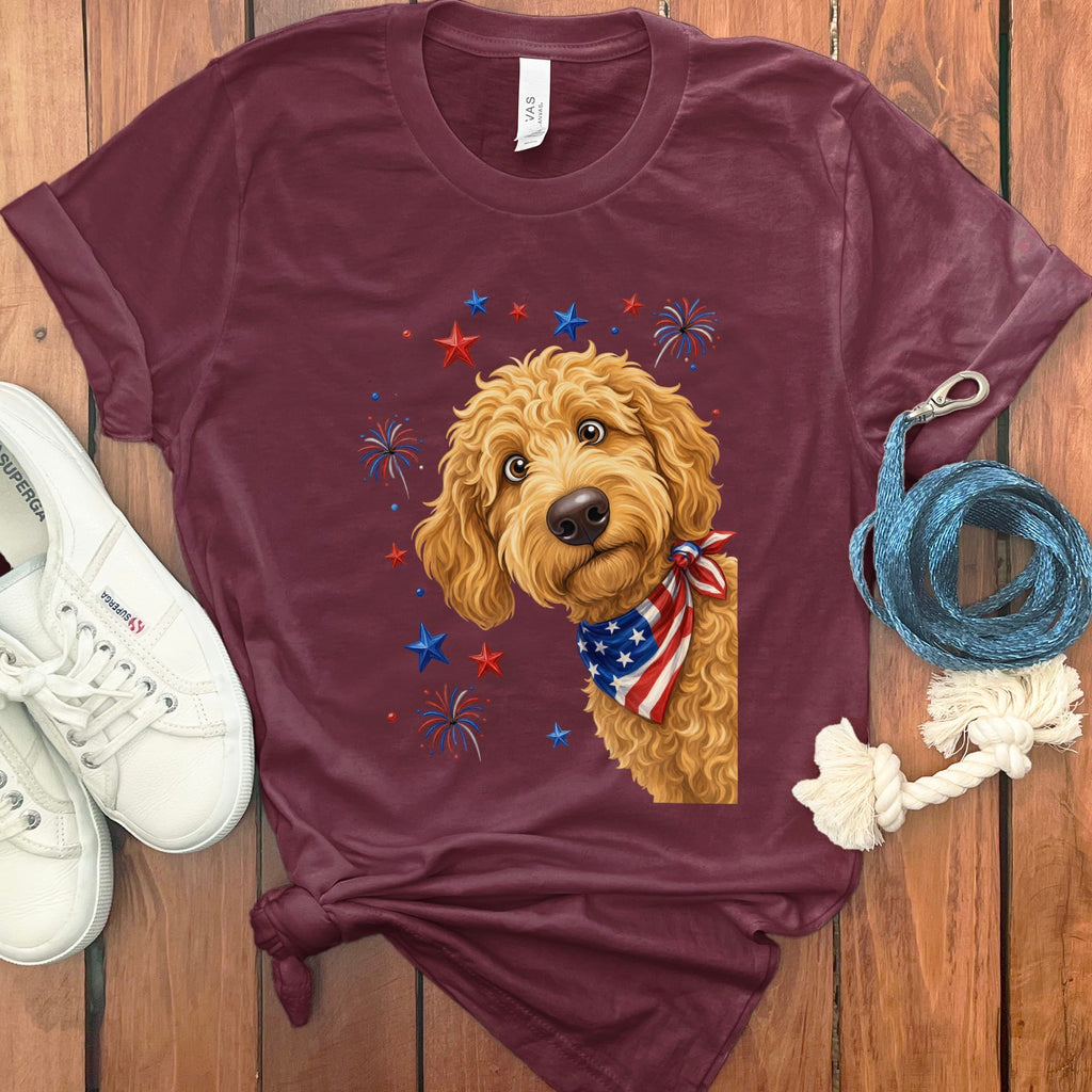 Peeking Apricot Goldendoodle Patriotic T-Shirt in Maroon / S by Puppy Jo