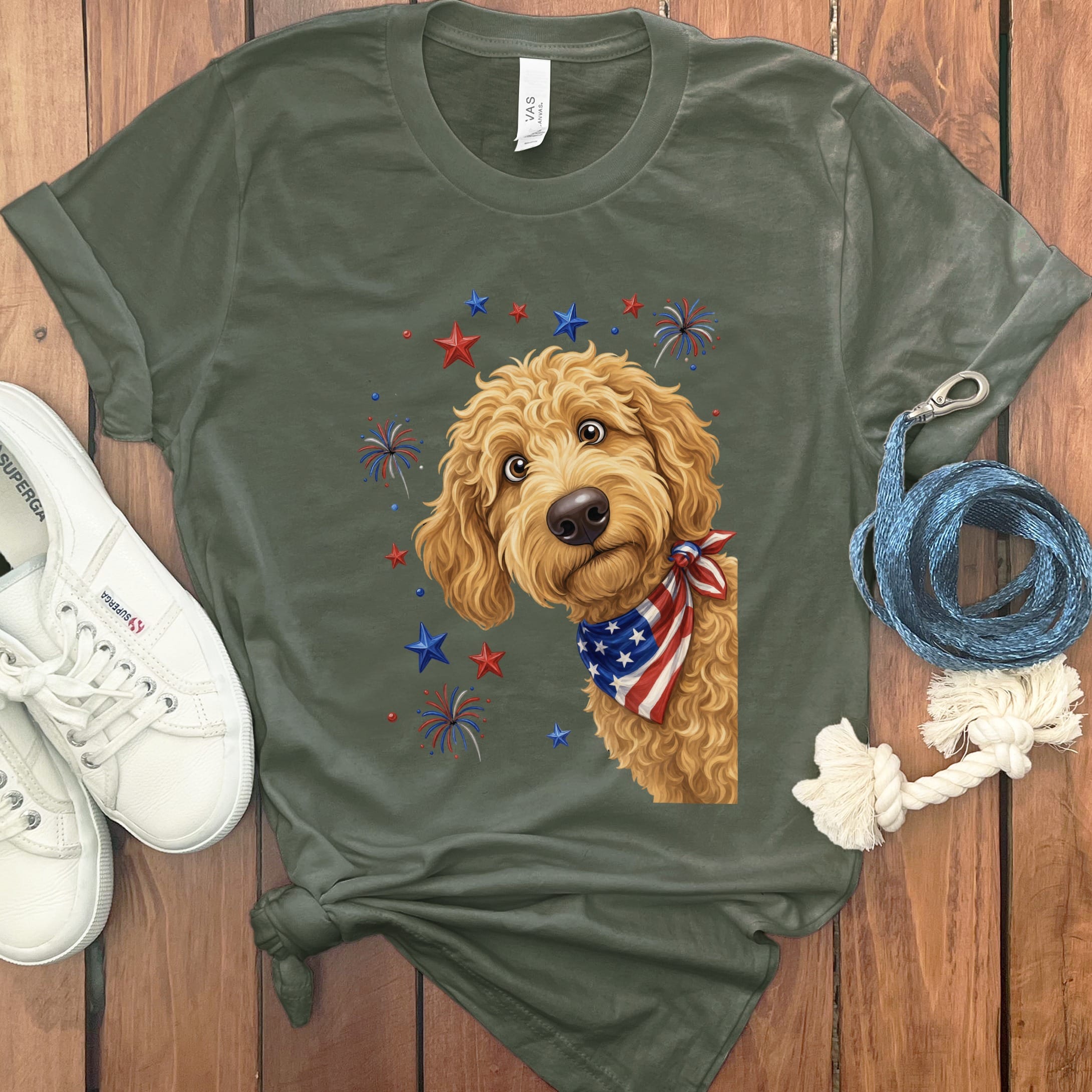 Peeking Apricot Goldendoodle Patriotic T-Shirt in Military Green / S by Puppy Jo