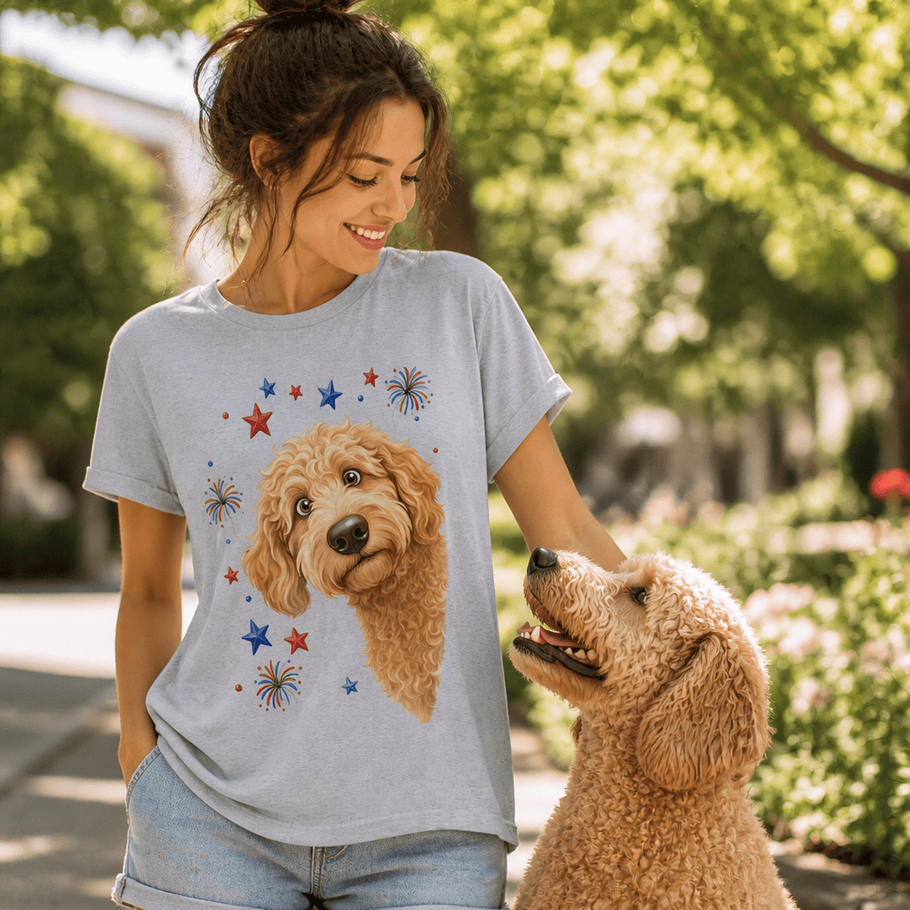 Peeking Apricot Goldendoodle Patriotic T-Shirt in by Puppy Jo