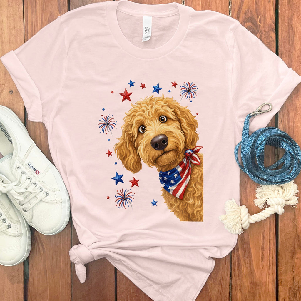 Peeking Apricot Goldendoodle Patriotic T-Shirt in Soft Pink / S by Puppy Jo