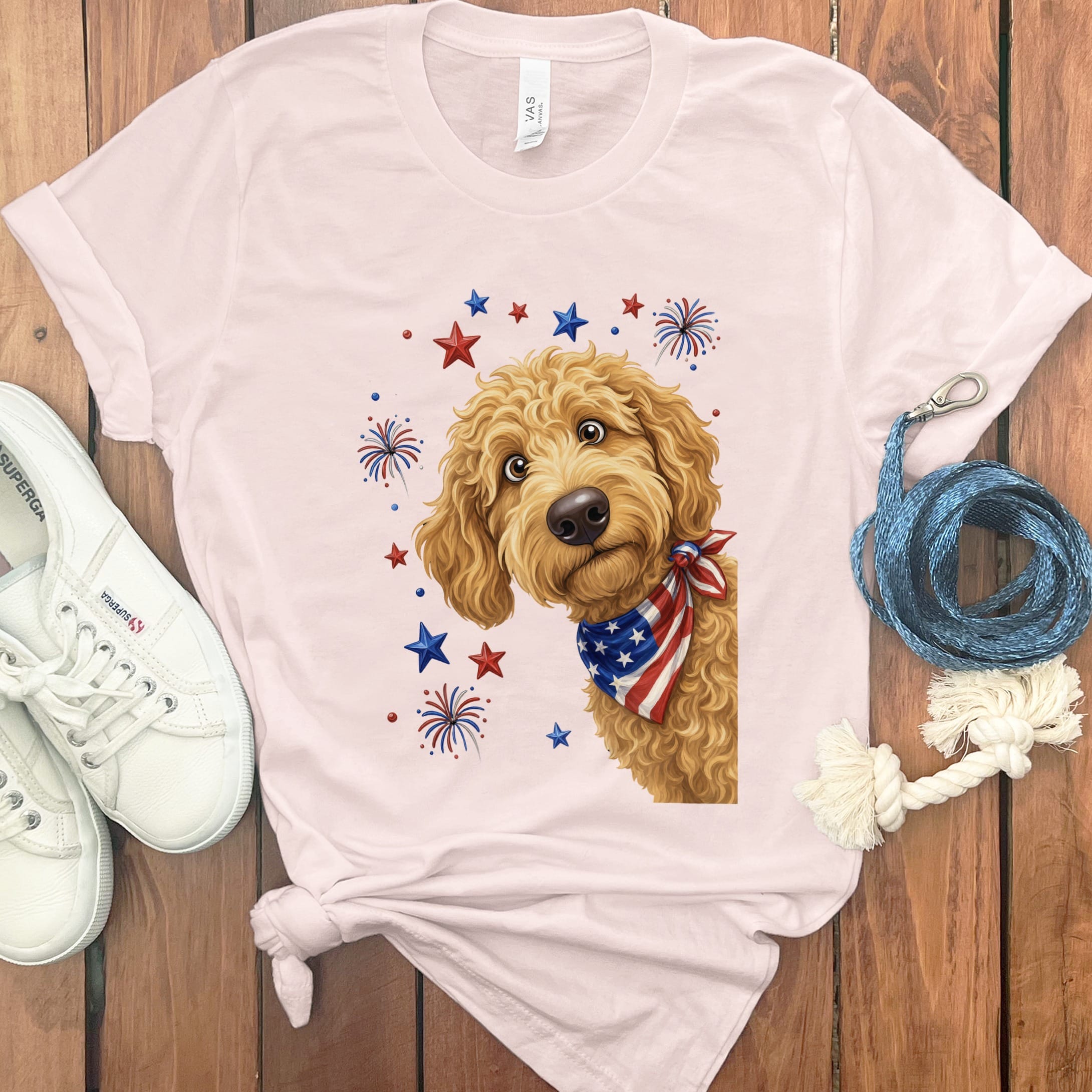 Peeking Apricot Goldendoodle Patriotic T-Shirt in Soft Pink / S by Puppy Jo