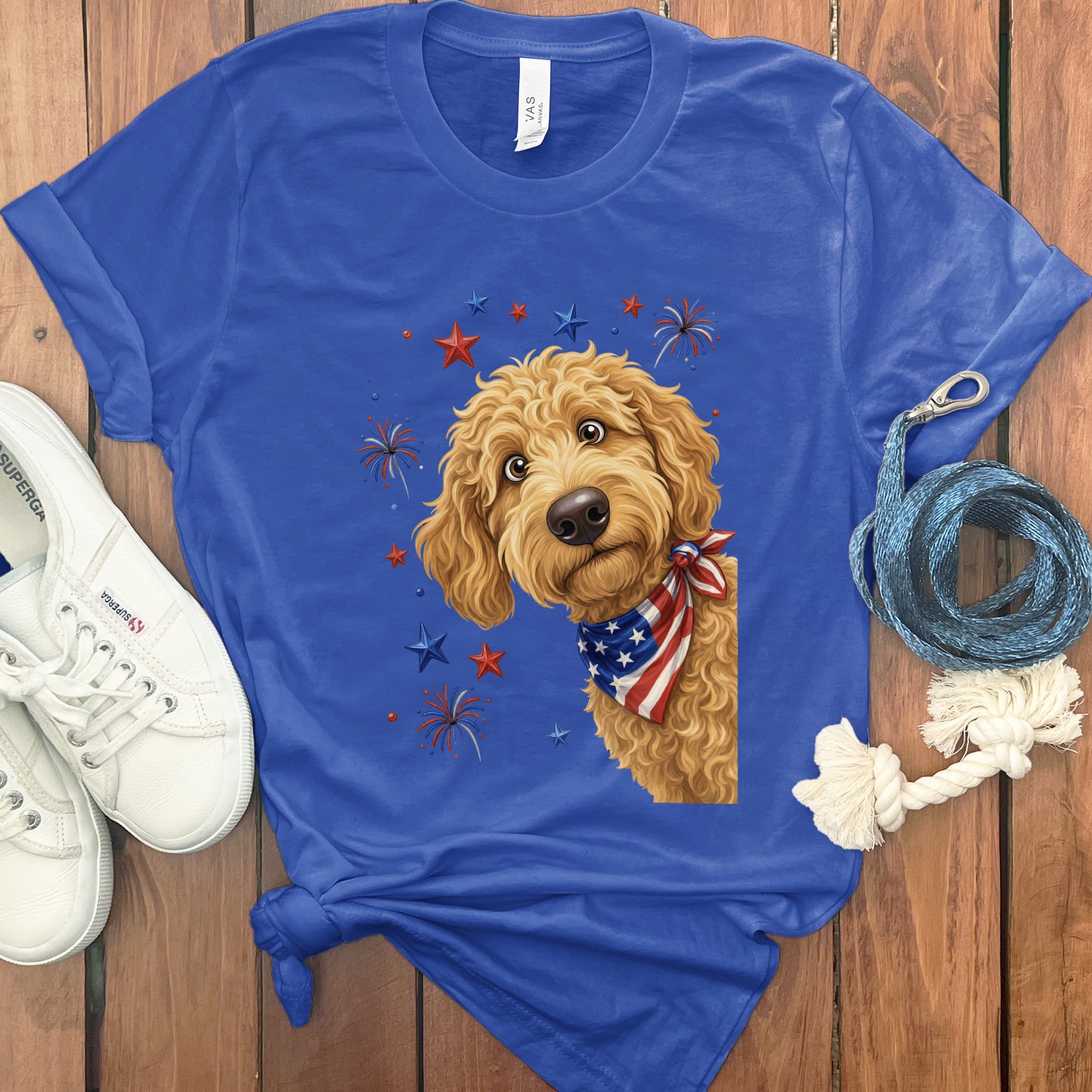 Peeking Apricot Goldendoodle Patriotic T-Shirt in True Royal / S by Puppy Jo