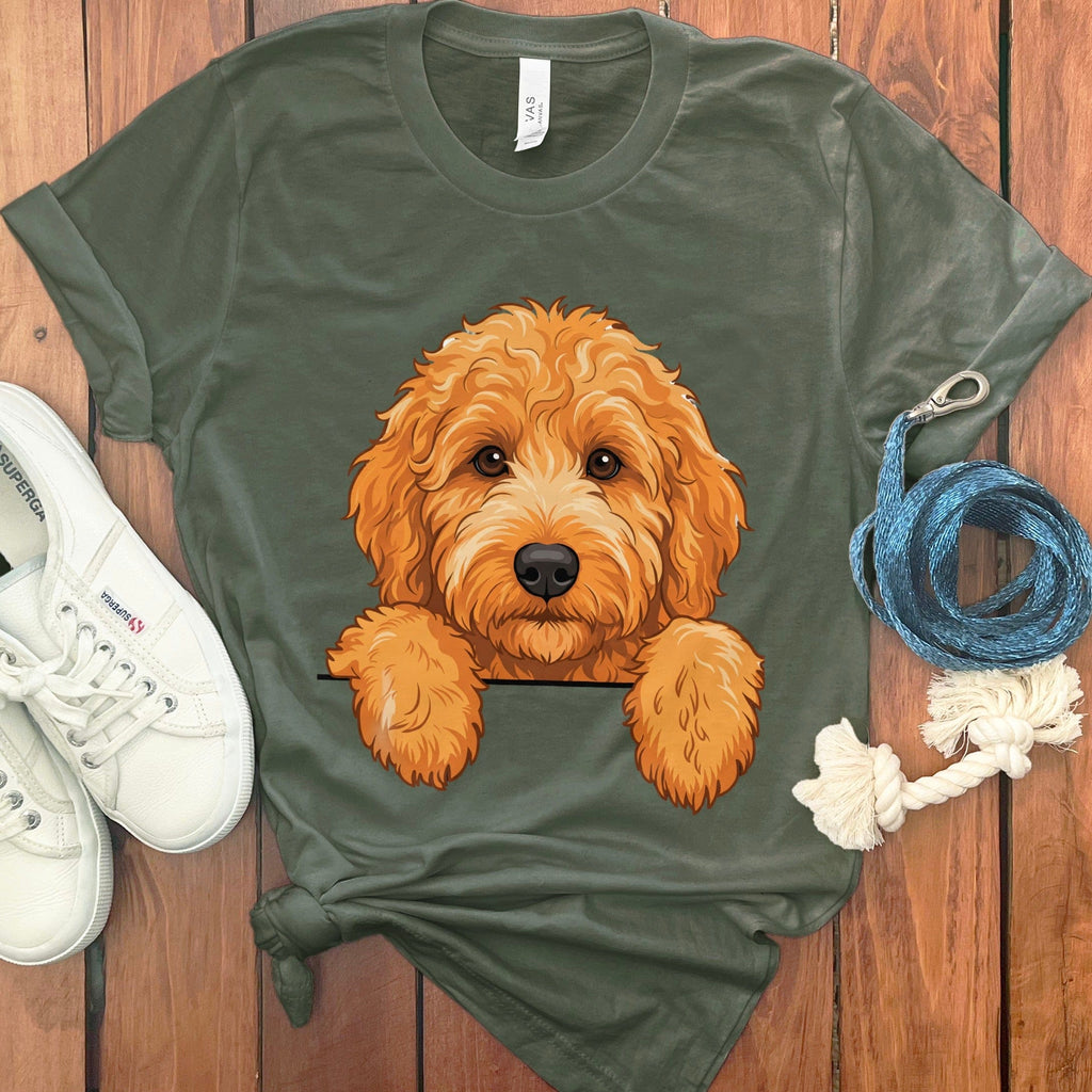 Peeking Apricot Goldendoodle T-Shirt in Military Green / S / T-Shirts by Puppy Jo