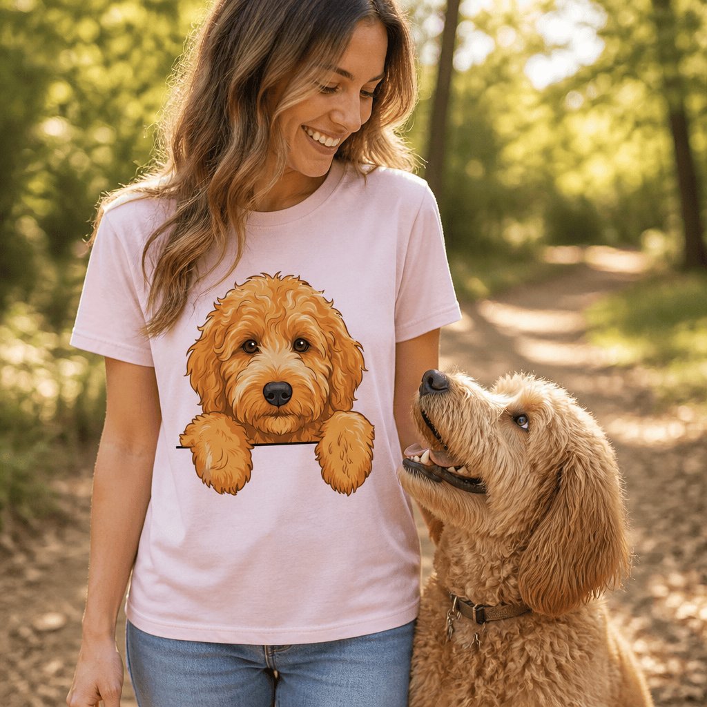 Peeking Apricot Goldendoodle T-Shirt in by Puppy Jo