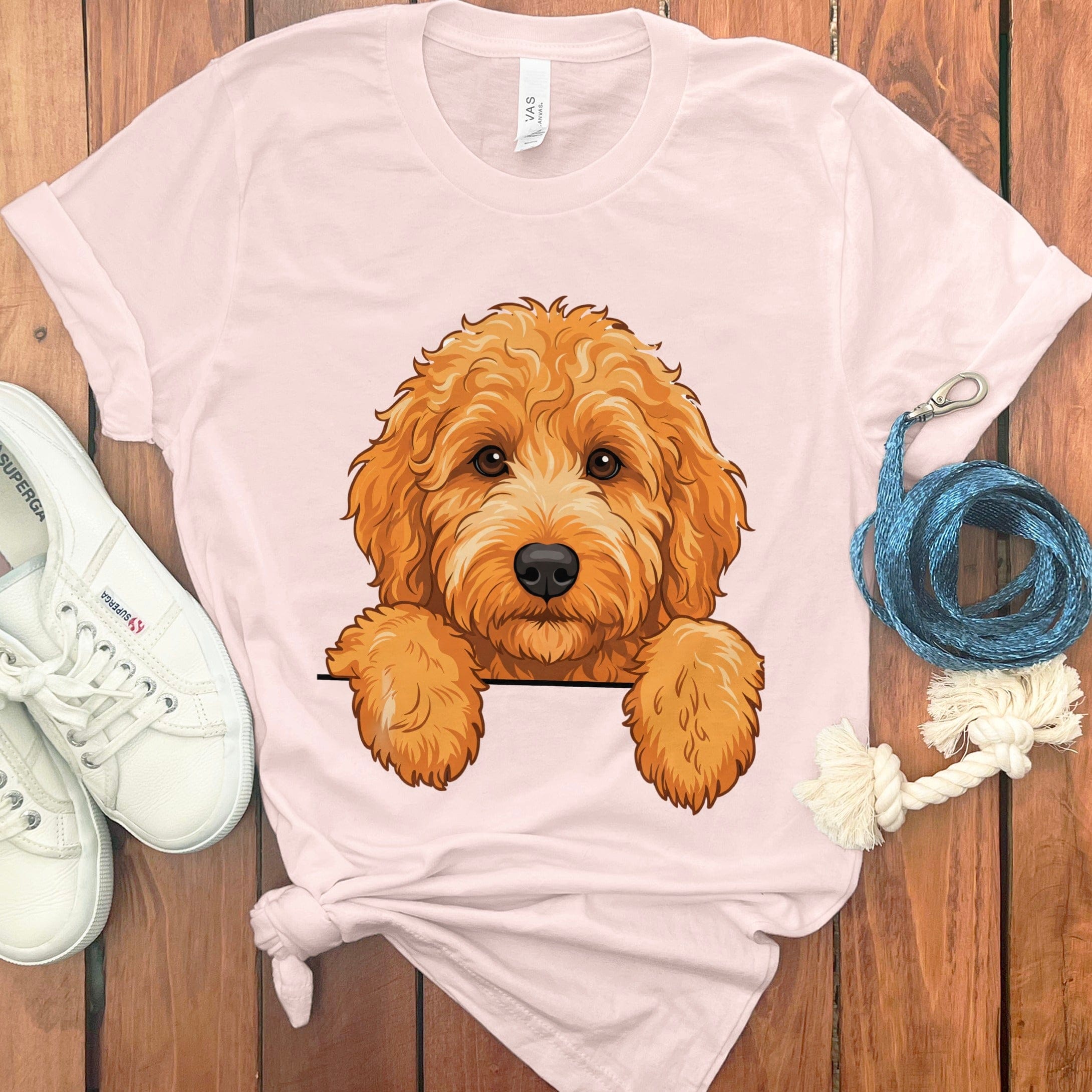 Peeking Apricot Goldendoodle T-Shirt in Soft Pink / S / T-Shirts #1 by Puppy Jo
