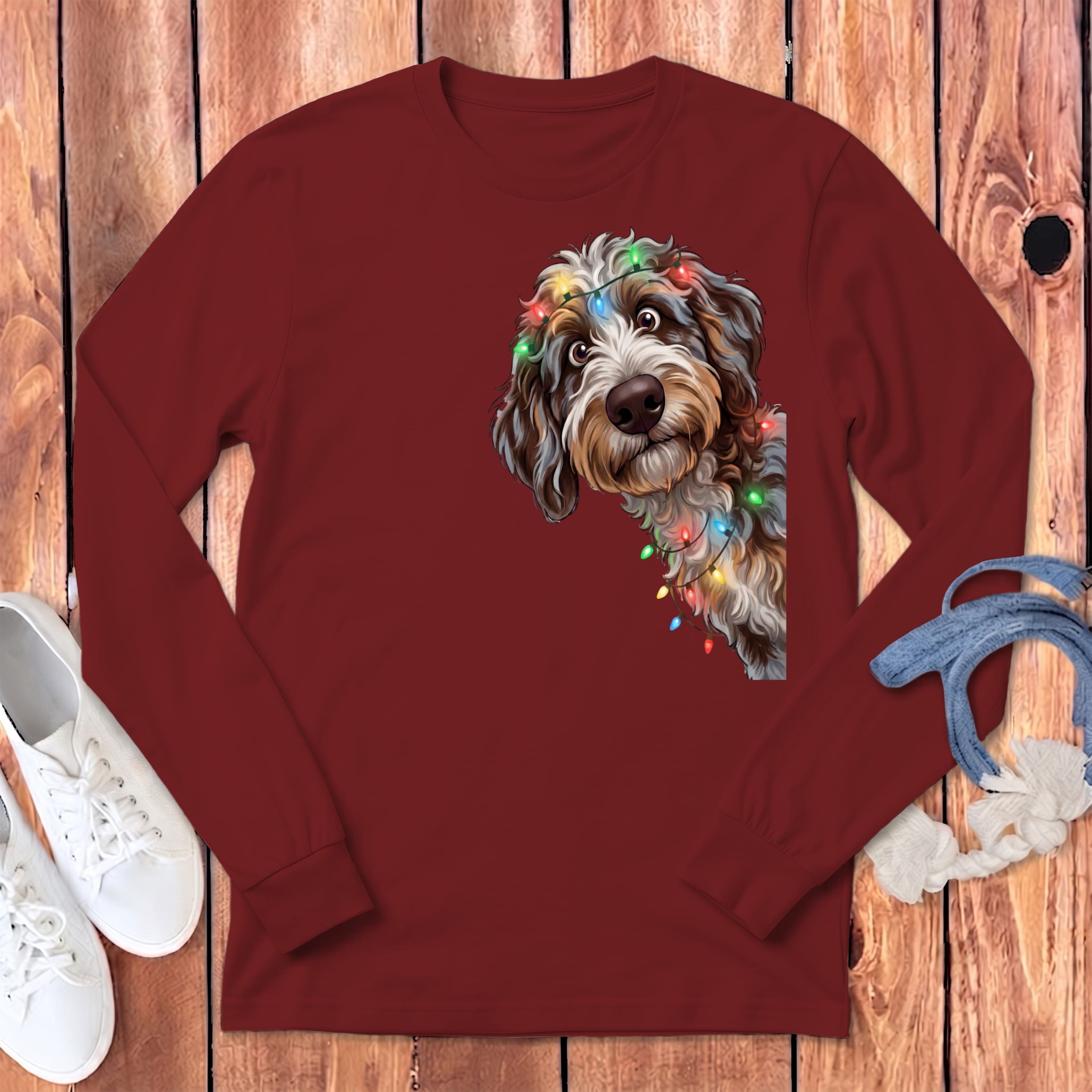 Peeking Aussiedoodle Holiday Long Sleeve T-Shirt in Cardinal / S by Puppy Jo