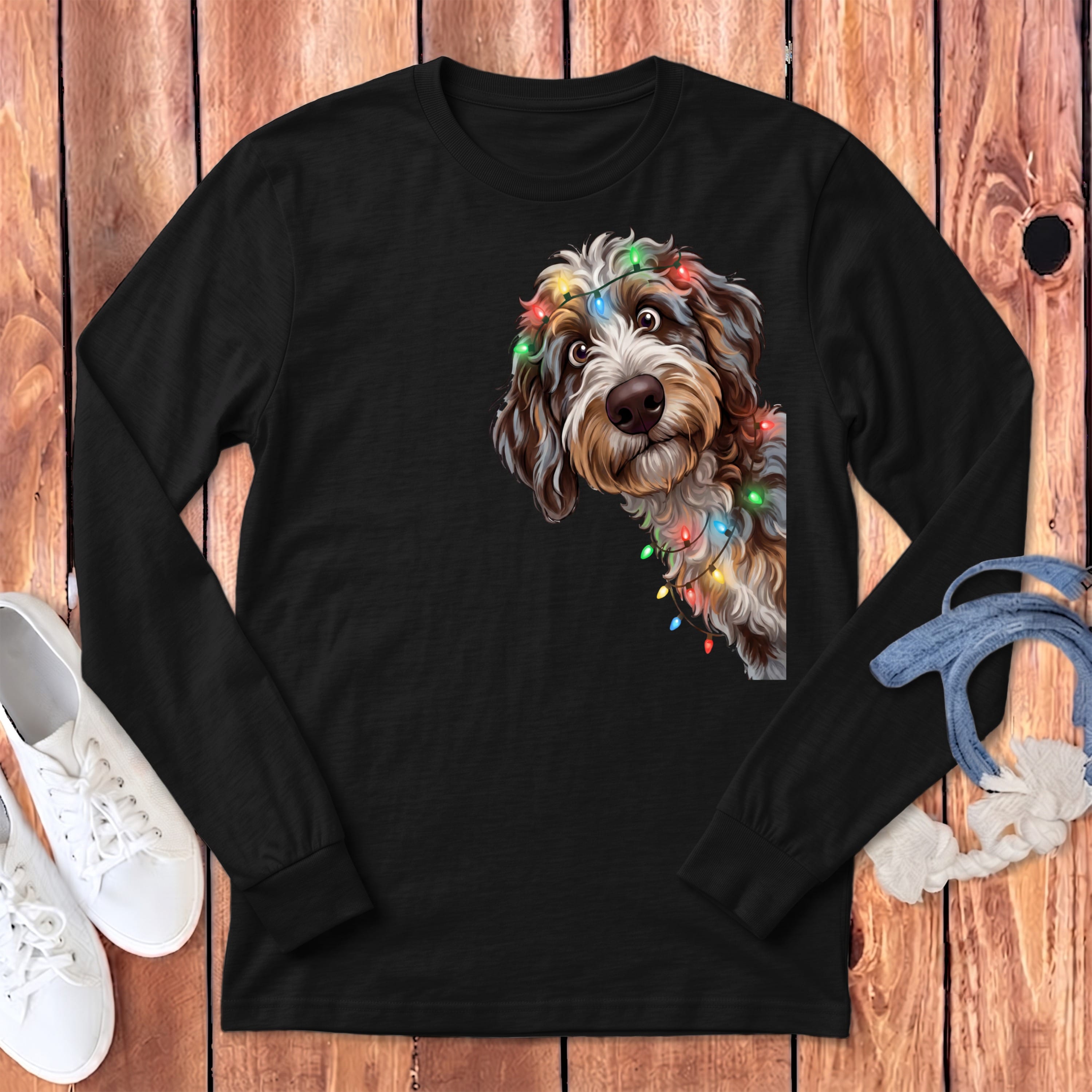 Peeking Aussiedoodle Holiday Long Sleeve T-Shirt in Dark Grey Heather / S by Puppy Jo