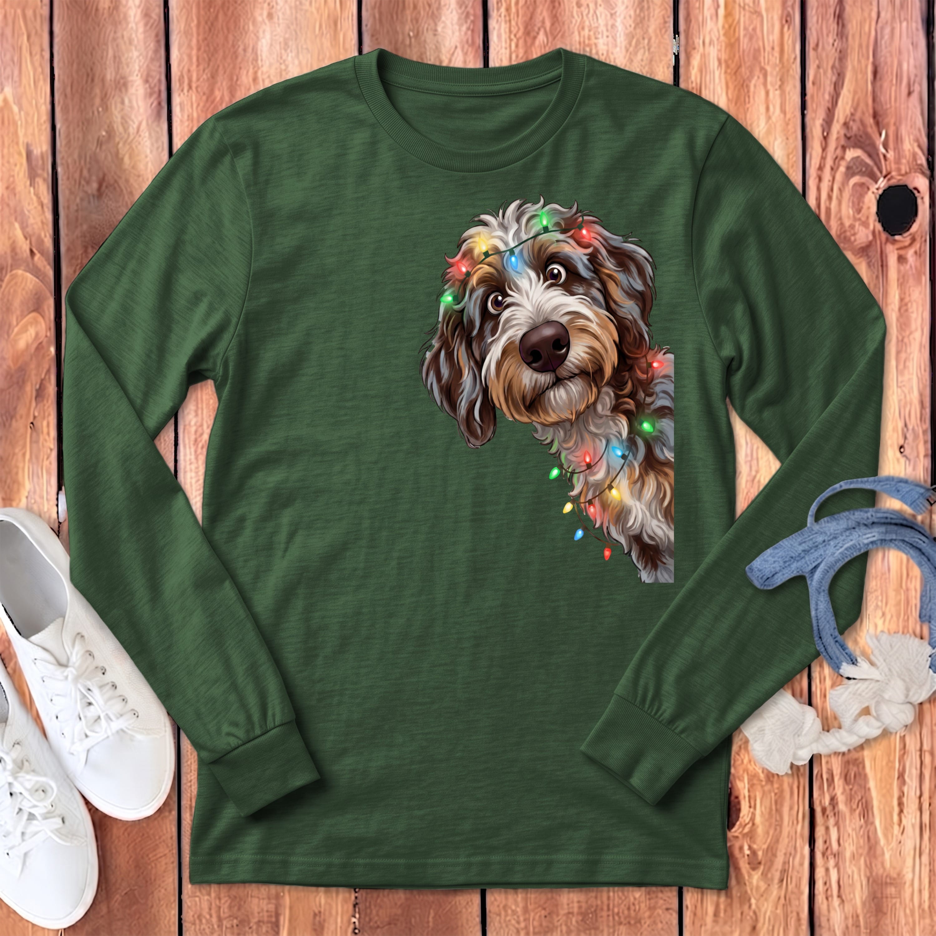 Peeking Aussiedoodle Holiday Long Sleeve T-Shirt in Heather Forest / S by Puppy Jo