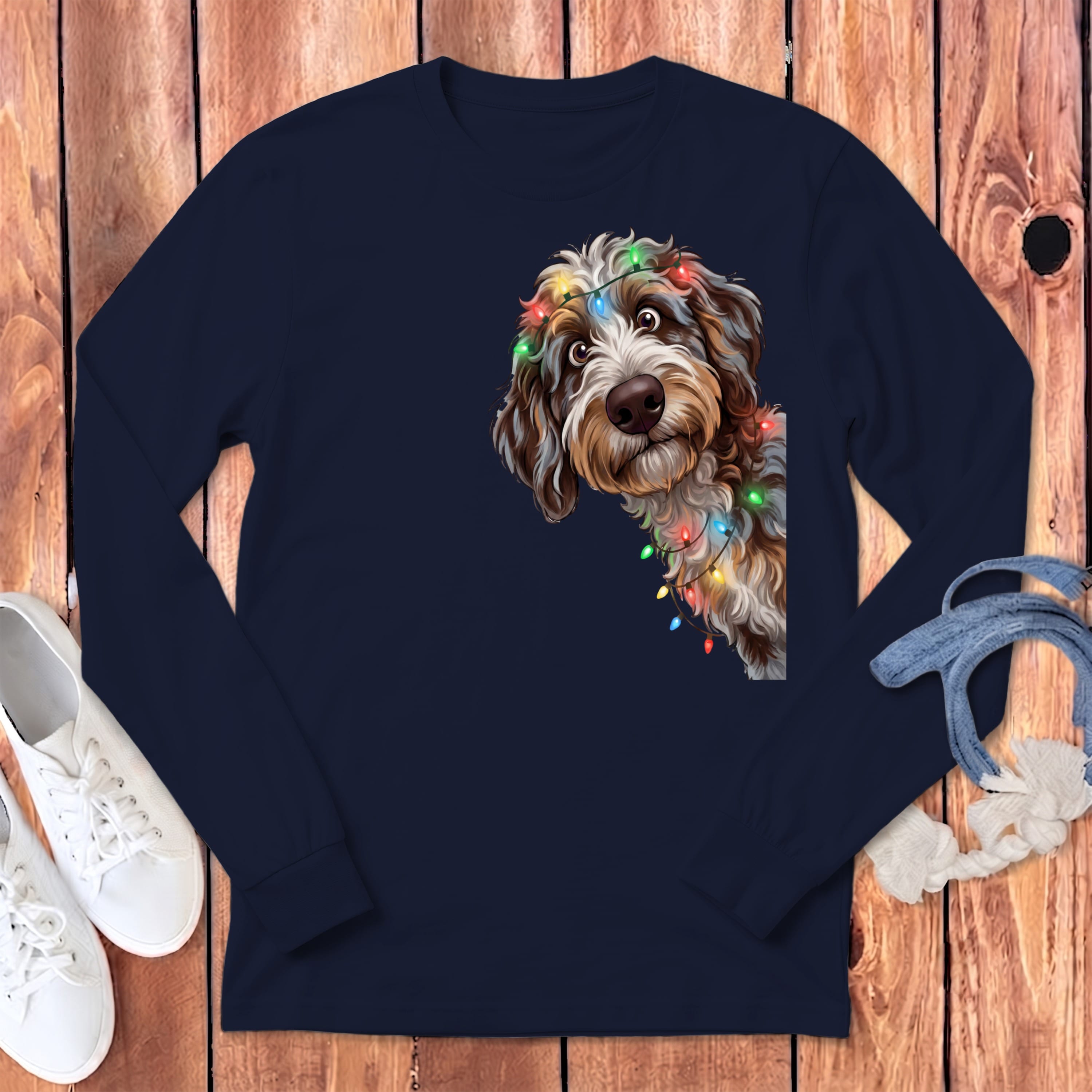 Peeking Aussiedoodle Holiday Long Sleeve T-Shirt in Navy / S by Puppy Jo