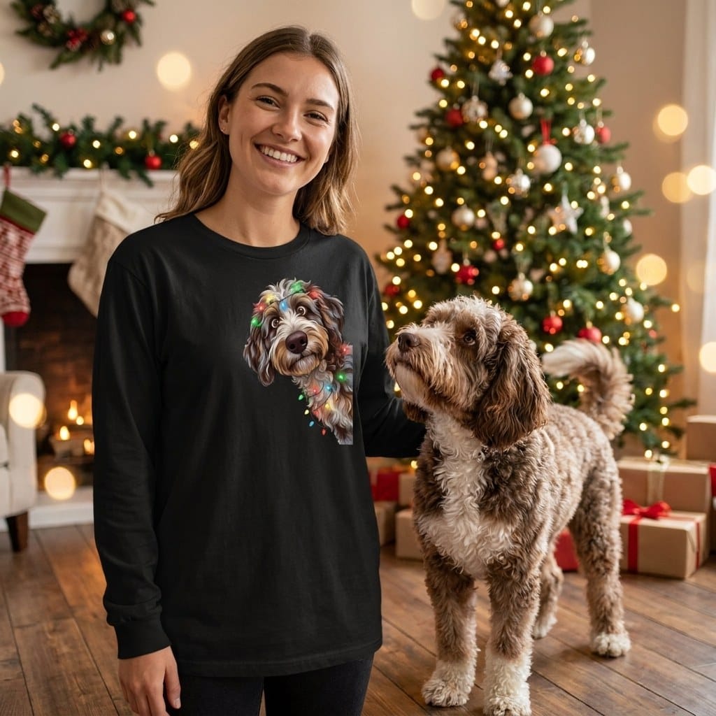 Peeking Aussiedoodle Holiday Long Sleeve T-Shirt in by Puppy Jo