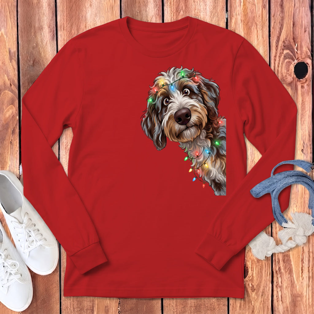 Peeking Aussiedoodle Holiday Long Sleeve T-Shirt in Red / S by Puppy Jo