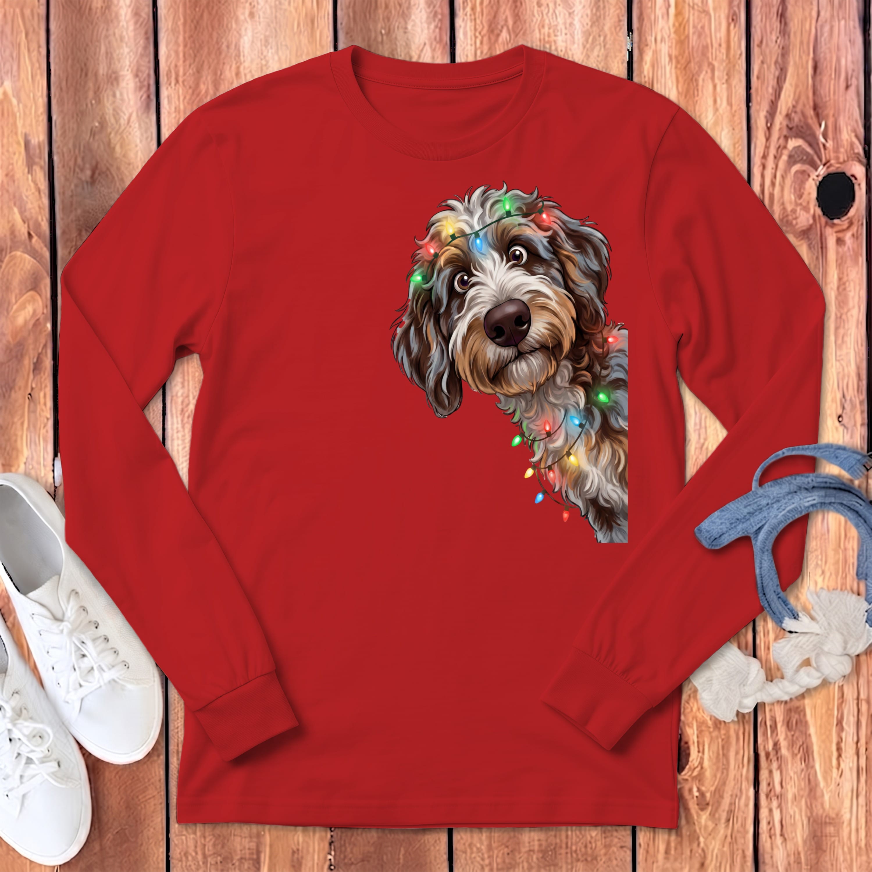 Peeking Aussiedoodle Holiday Long Sleeve T-Shirt in Red / S by Puppy Jo