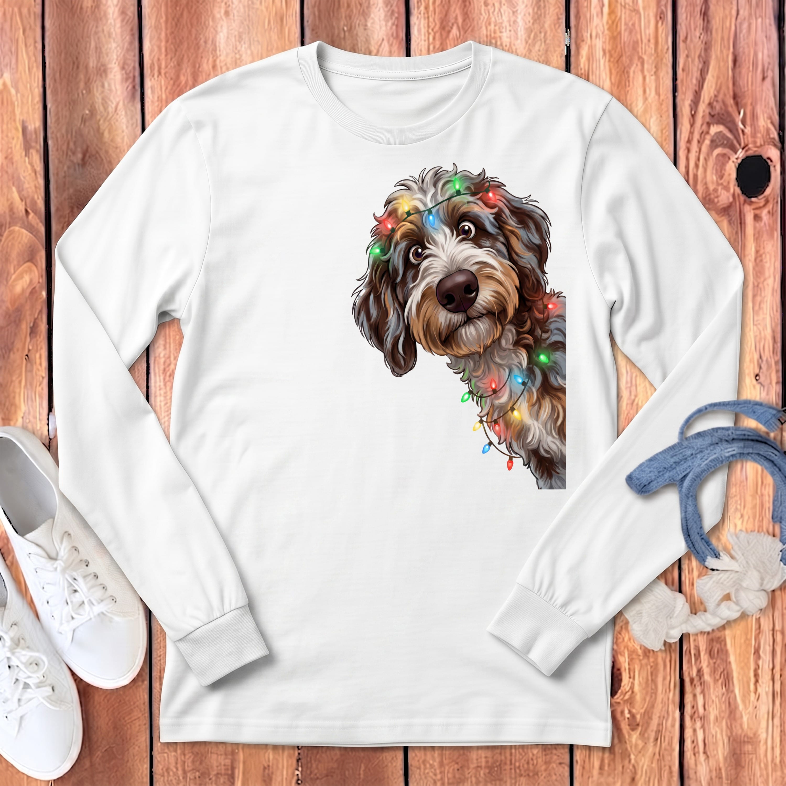 Peeking Aussiedoodle Holiday Long Sleeve T-Shirt in White / S by Puppy Jo