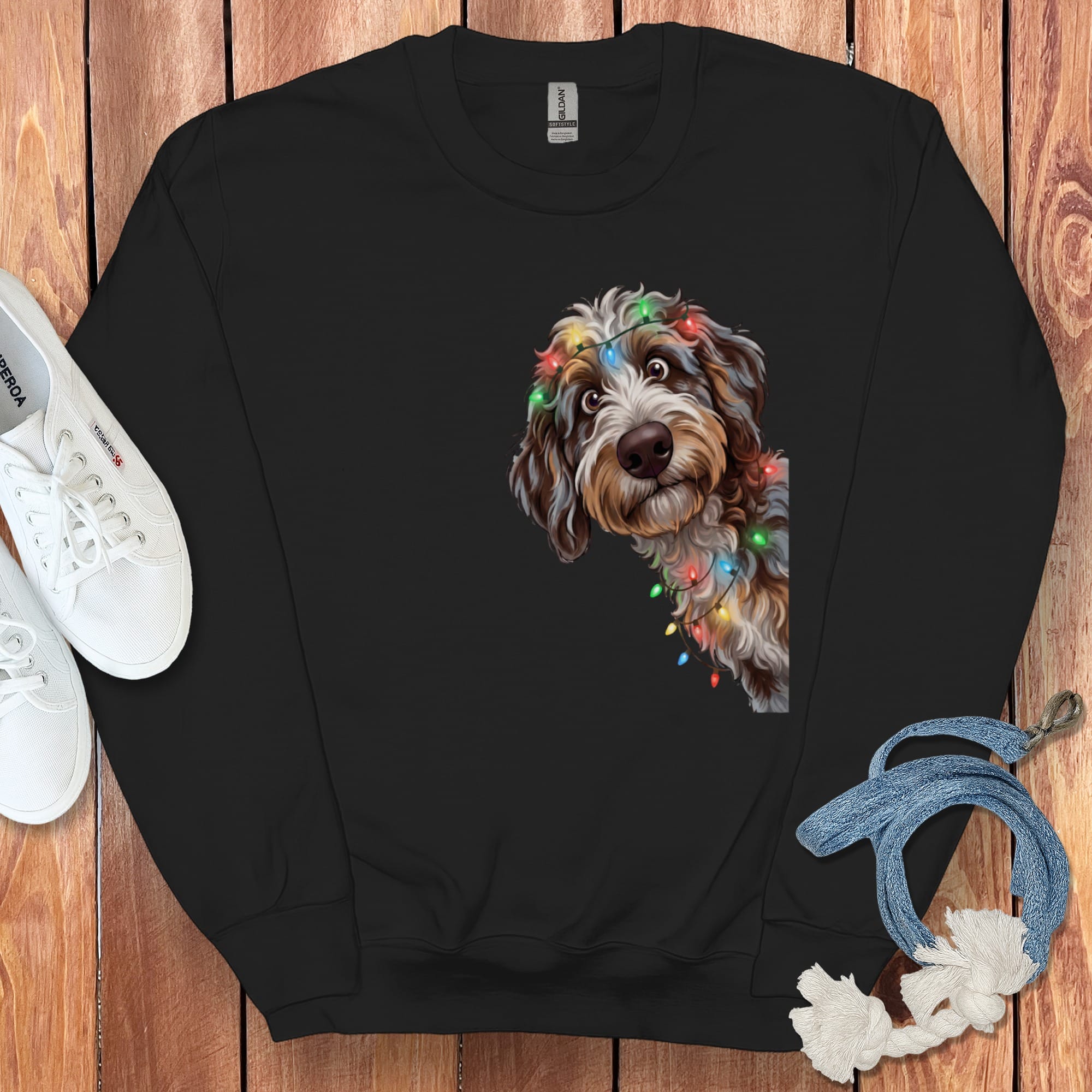 Peeking Aussiedoodle Holiday Sweatshirt in Black / M by Puppy Jo