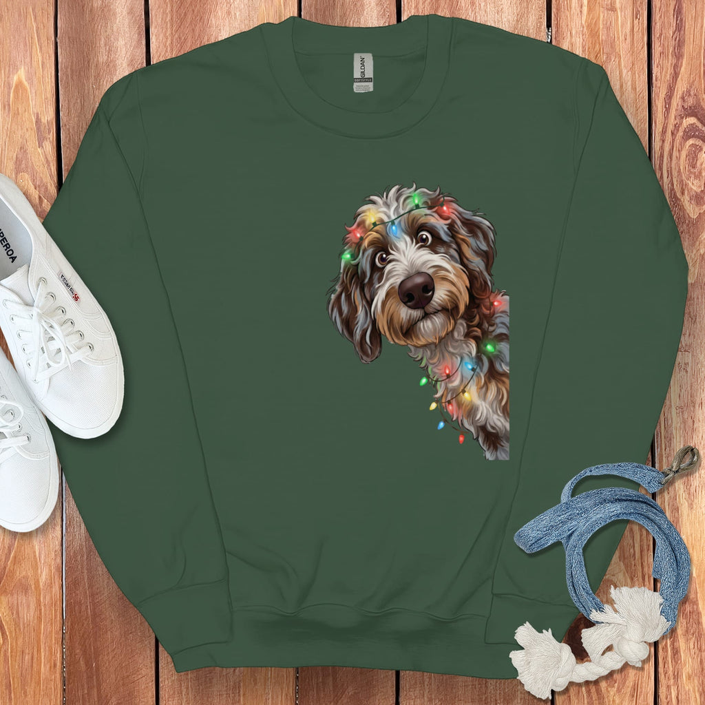 Peeking Aussiedoodle Holiday Sweatshirt in Forest Green / M by Puppy Jo