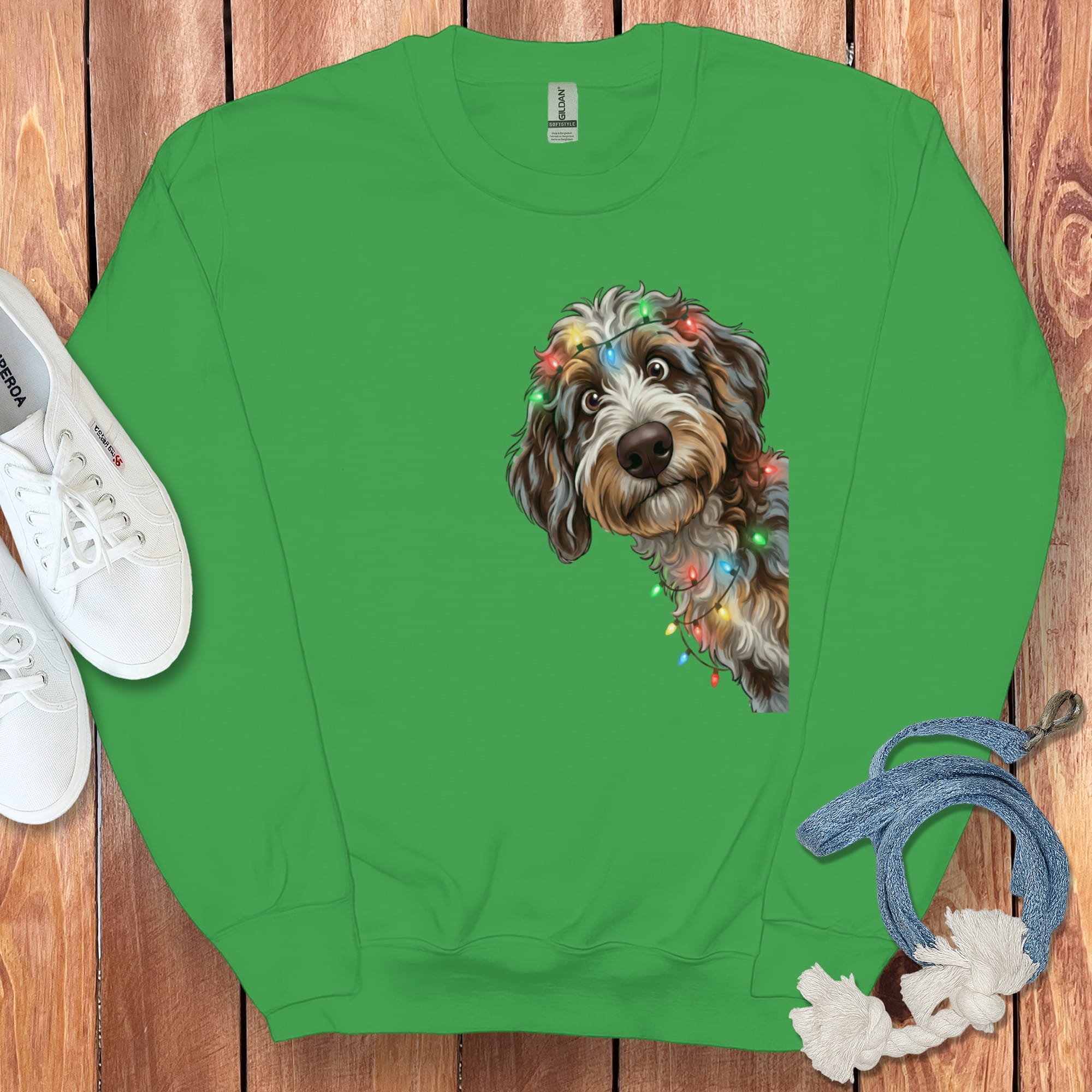 Peeking Aussiedoodle Holiday Sweatshirt in Irish Green / M by Puppy Jo