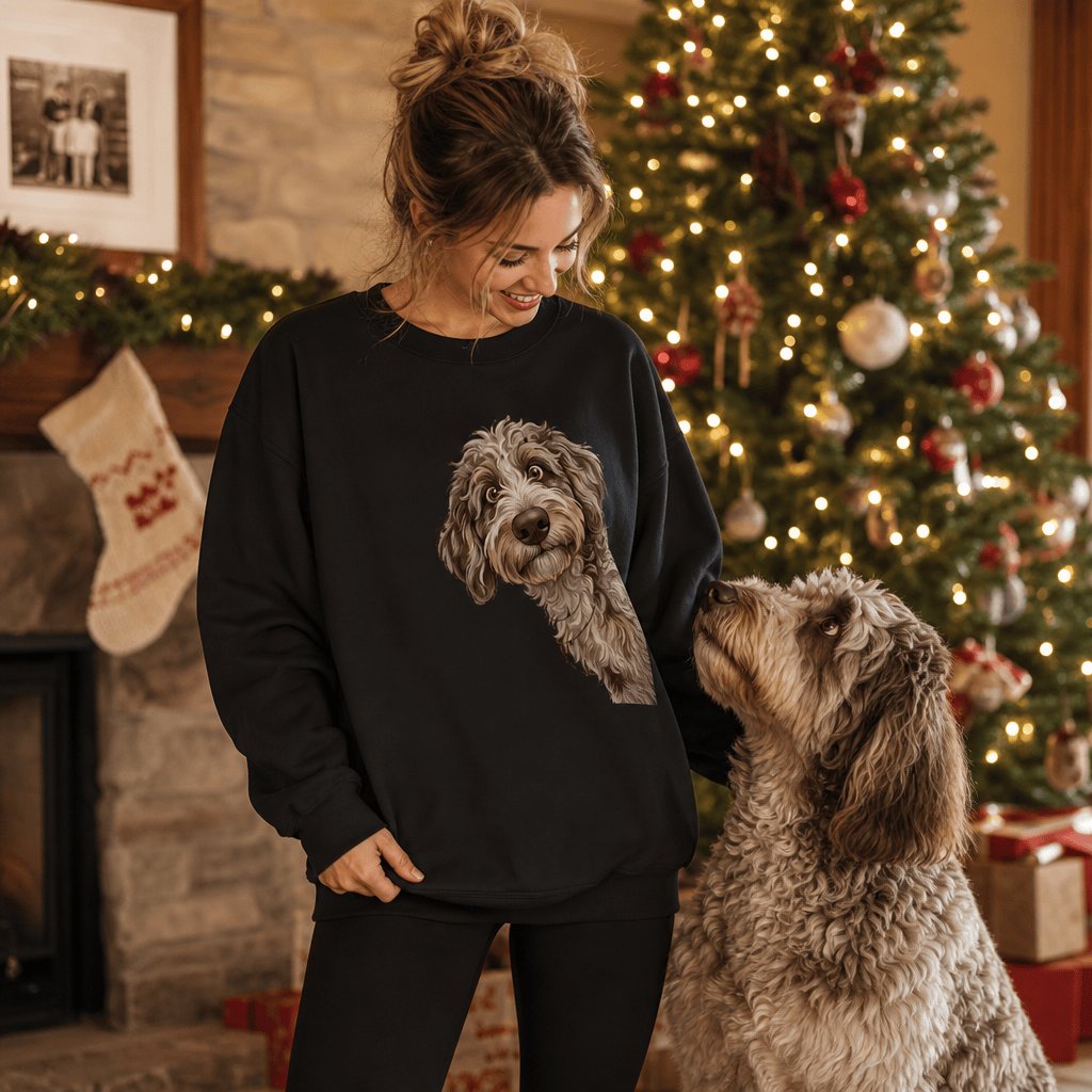 Peeking Aussiedoodle Holiday Sweatshirt in by Puppy Jo