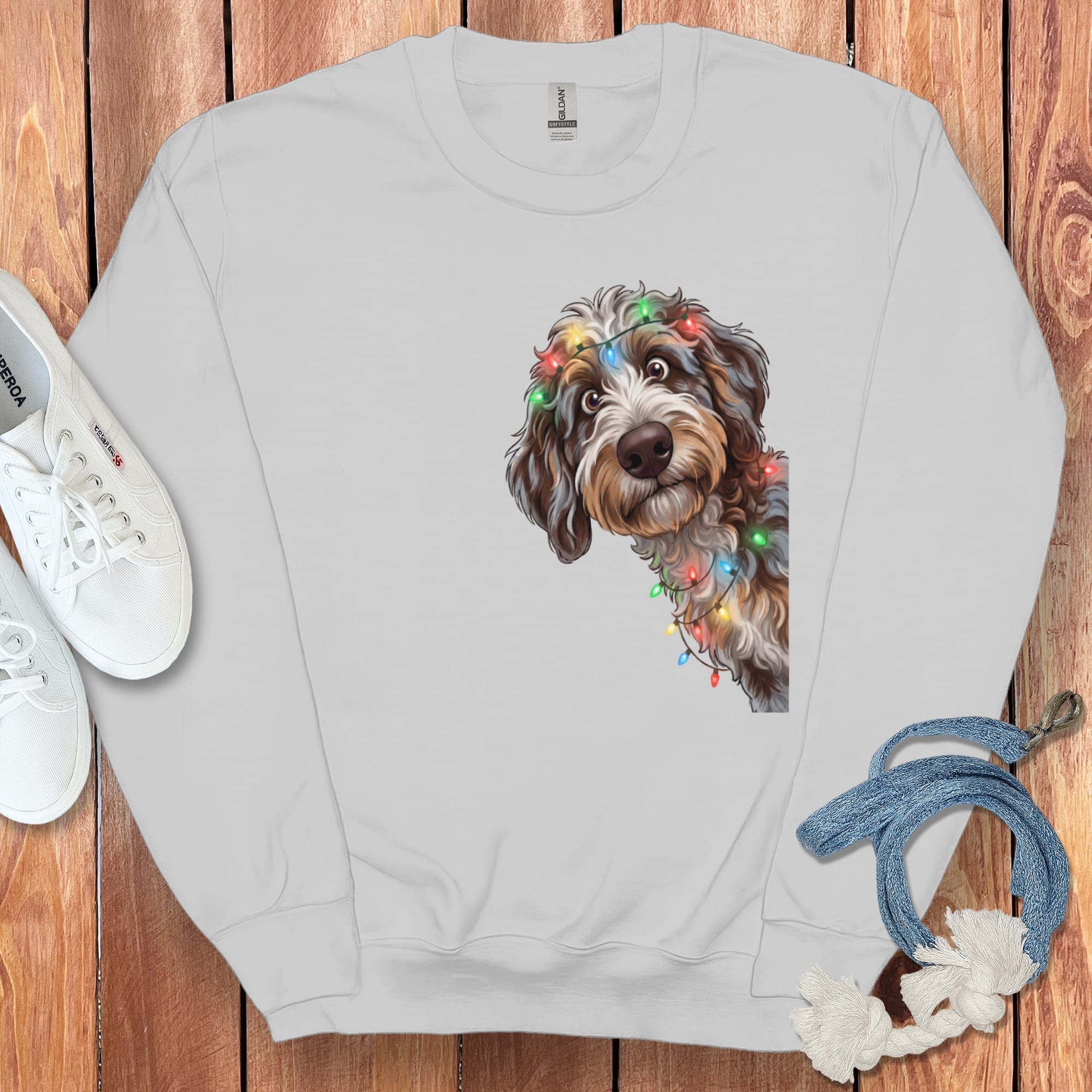 Peeking Aussiedoodle Holiday Sweatshirt in Sport Grey / M by Puppy Jo