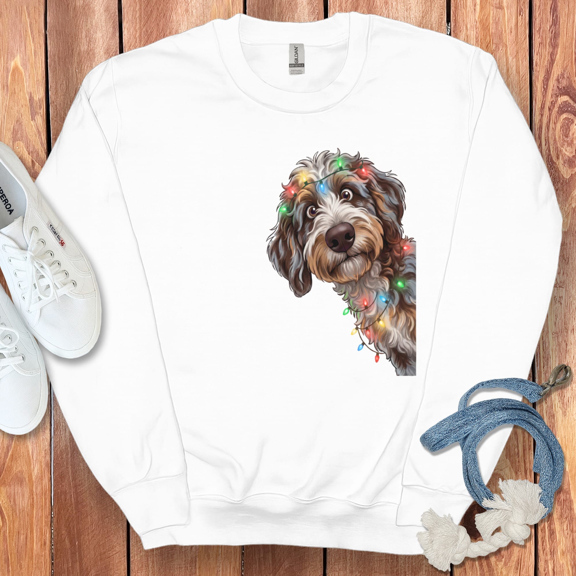 Peeking Aussiedoodle Holiday Sweatshirt in White / M by Puppy Jo
