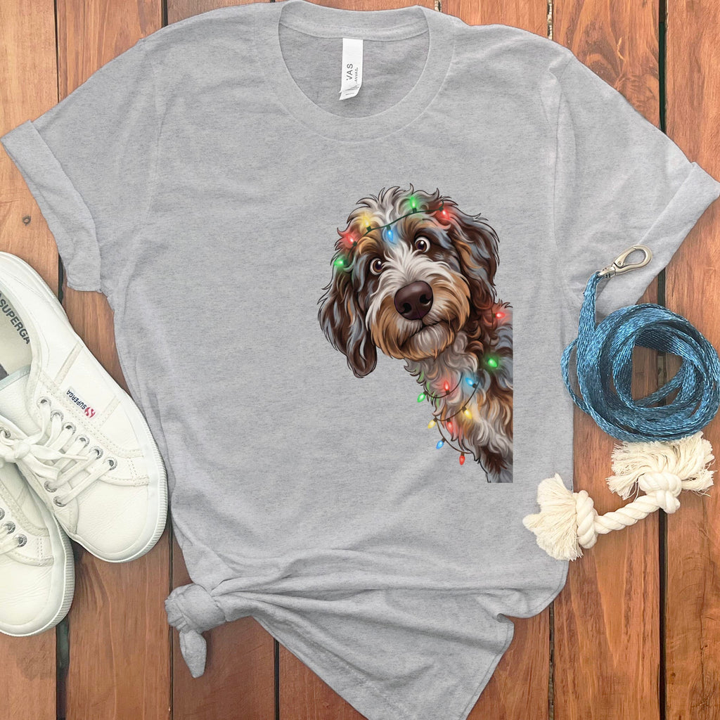 Peeking Aussiedoodle Holiday T-Shirt in Athletic Heather / M / T-Shirts by Puppy Jo