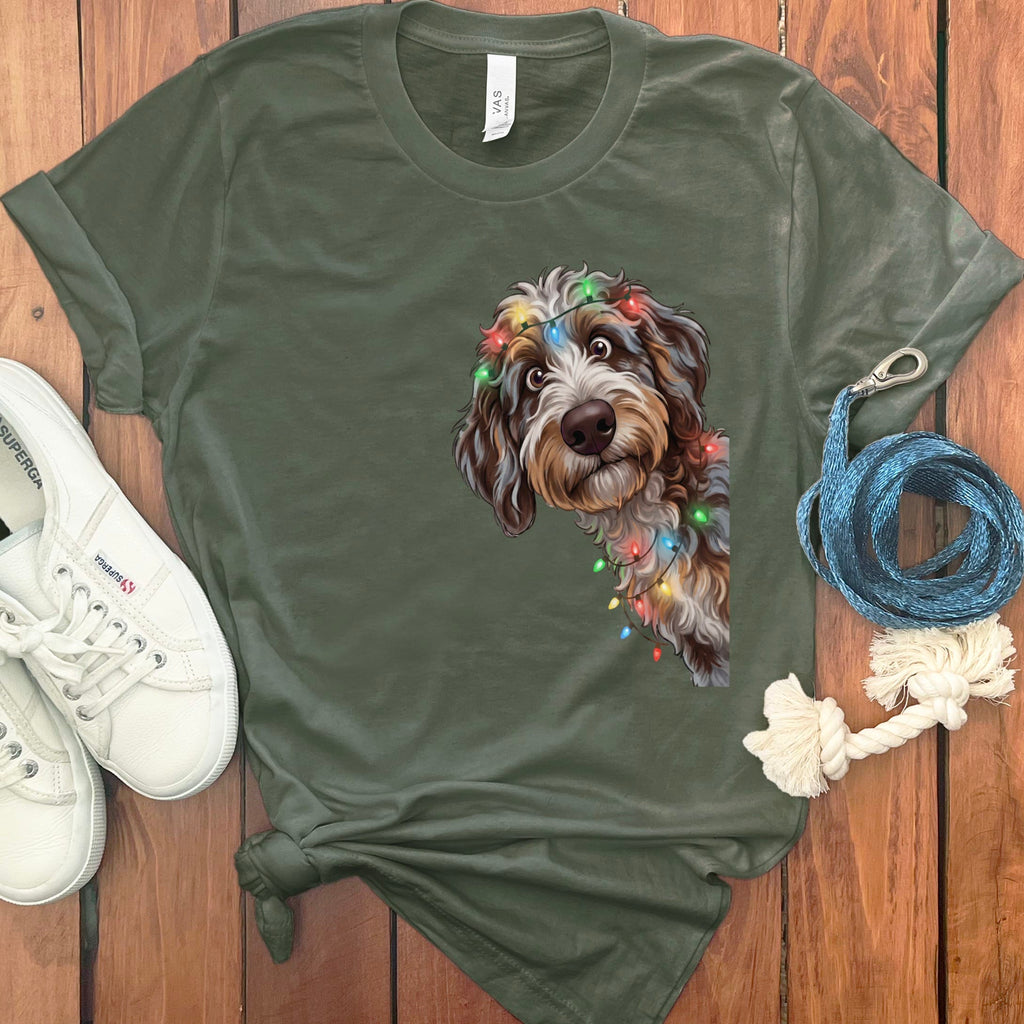 Peeking Aussiedoodle Holiday T-Shirt in Military Green / M / T-Shirts by Puppy Jo