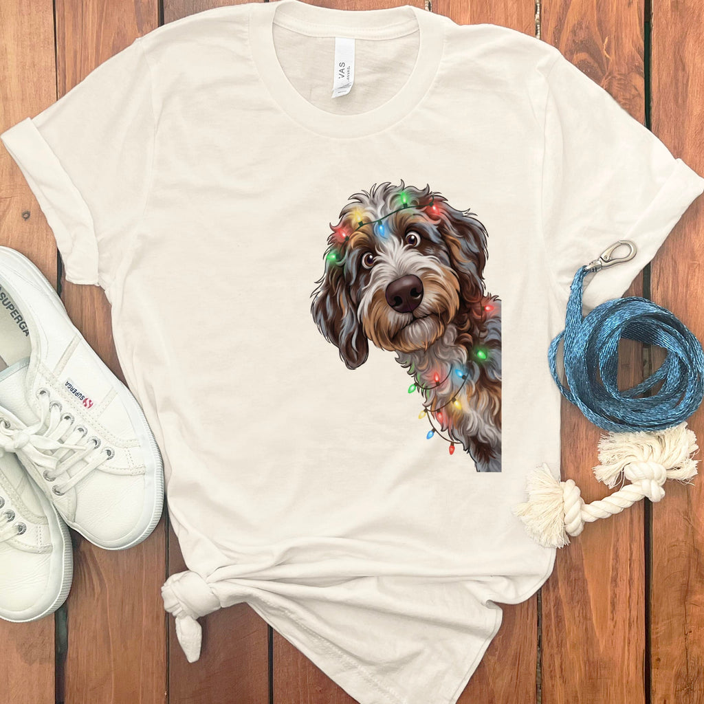 Peeking Aussiedoodle Holiday T-Shirt in Natural / M / T-Shirts by Puppy Jo