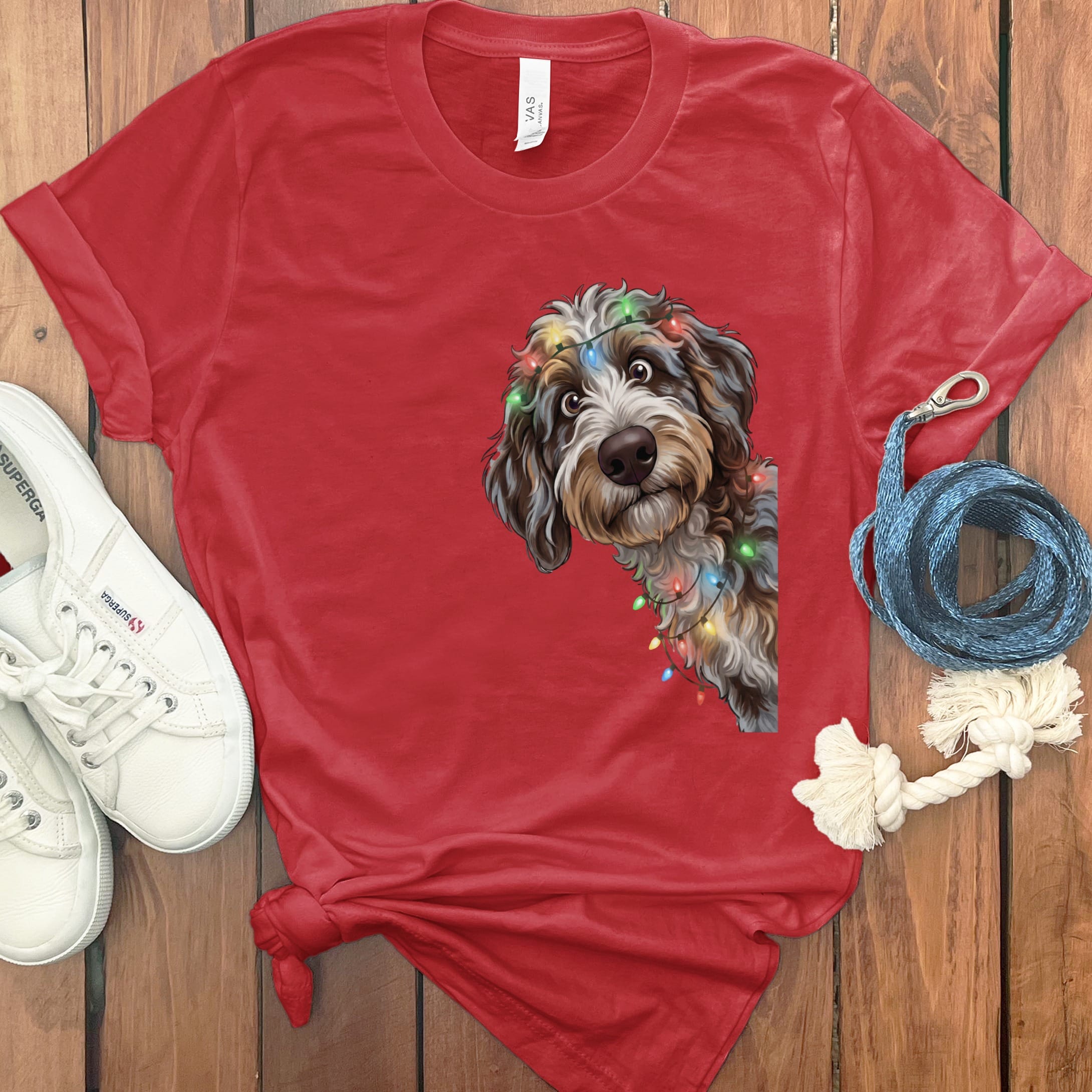 Peeking Aussiedoodle Holiday T-Shirt in Red / M / T-Shirts by Puppy Jo