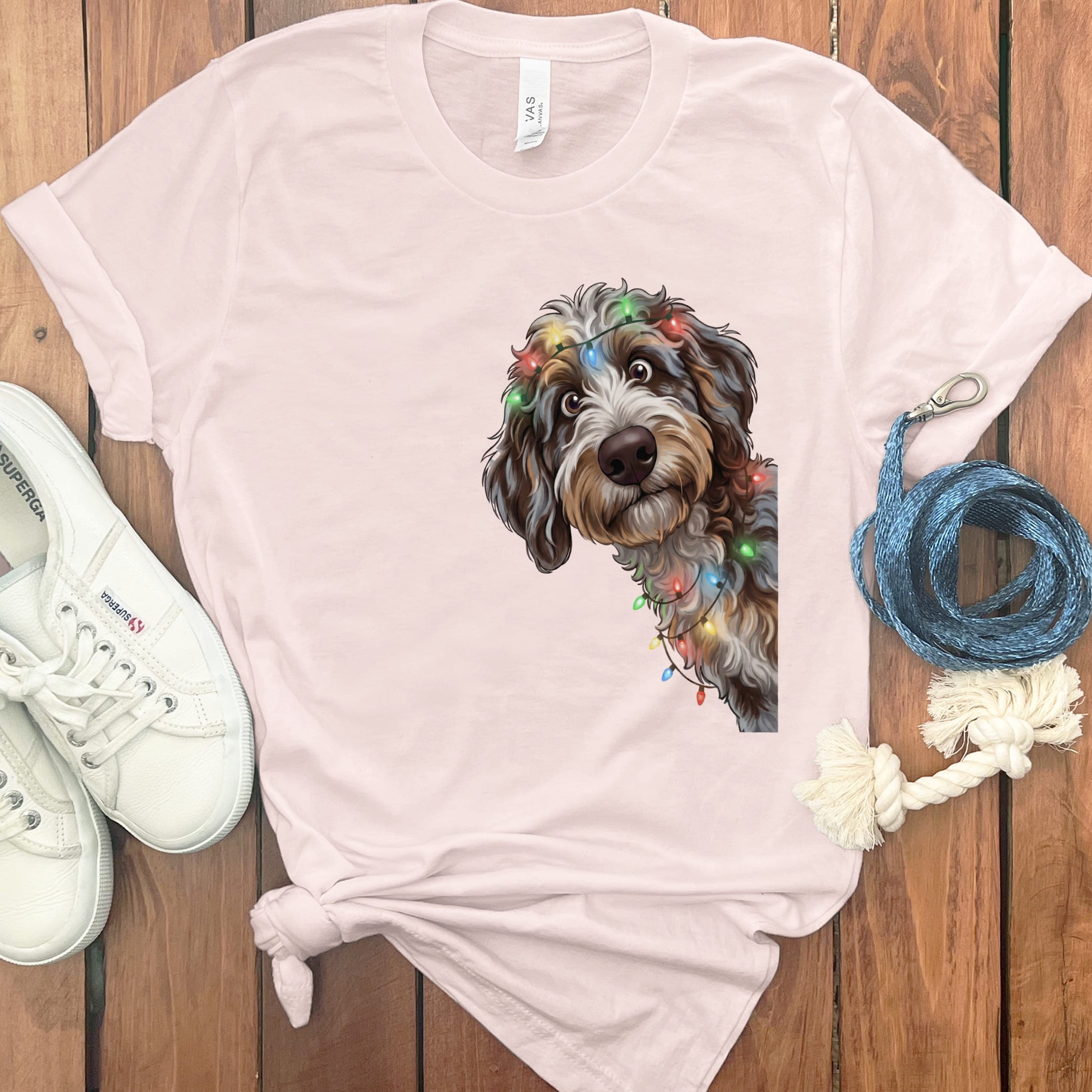 Peeking Aussiedoodle Holiday T-Shirt in Soft Pink / M / T-Shirts by Puppy Jo