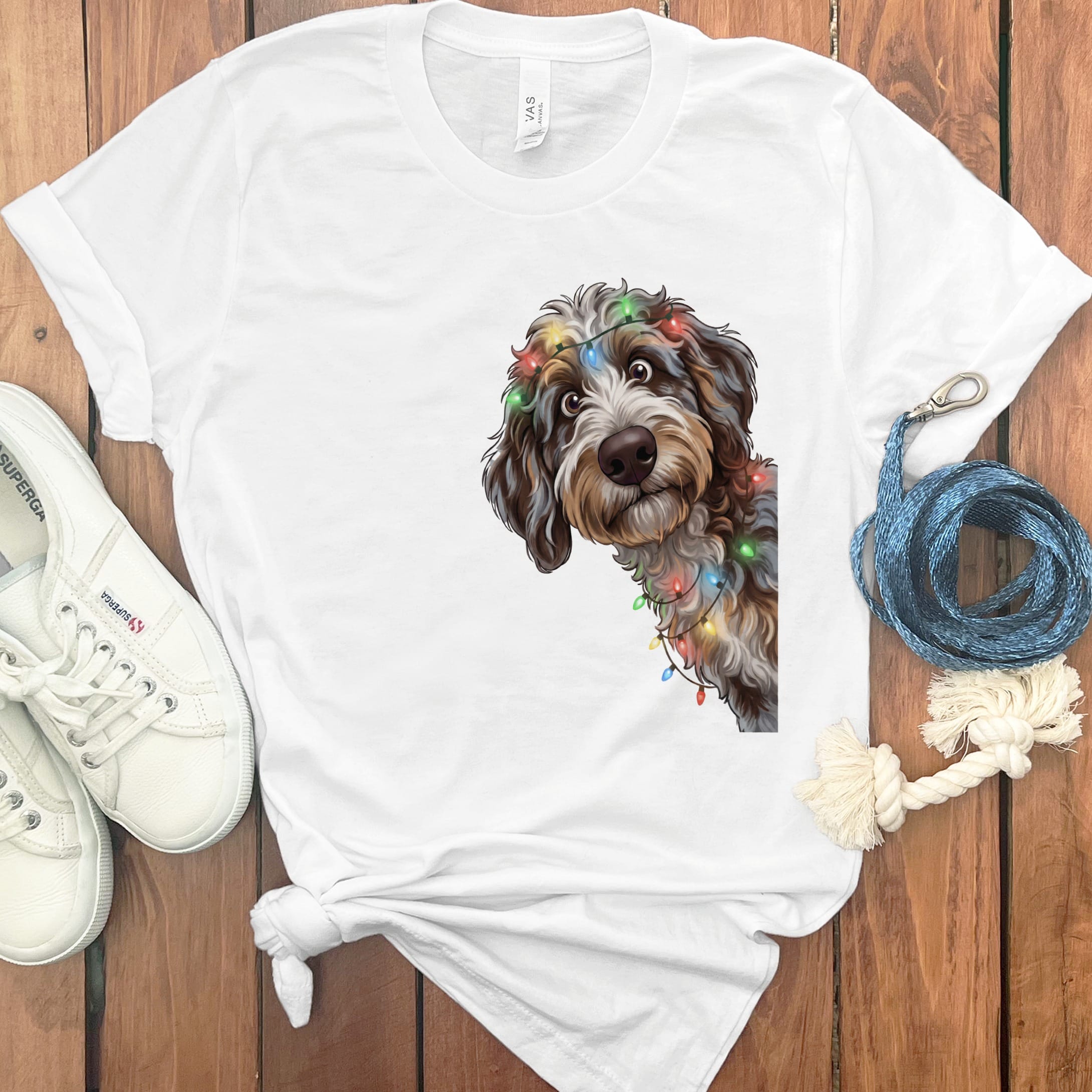 Peeking Aussiedoodle Holiday T-Shirt in White / M / T-Shirts by Puppy Jo