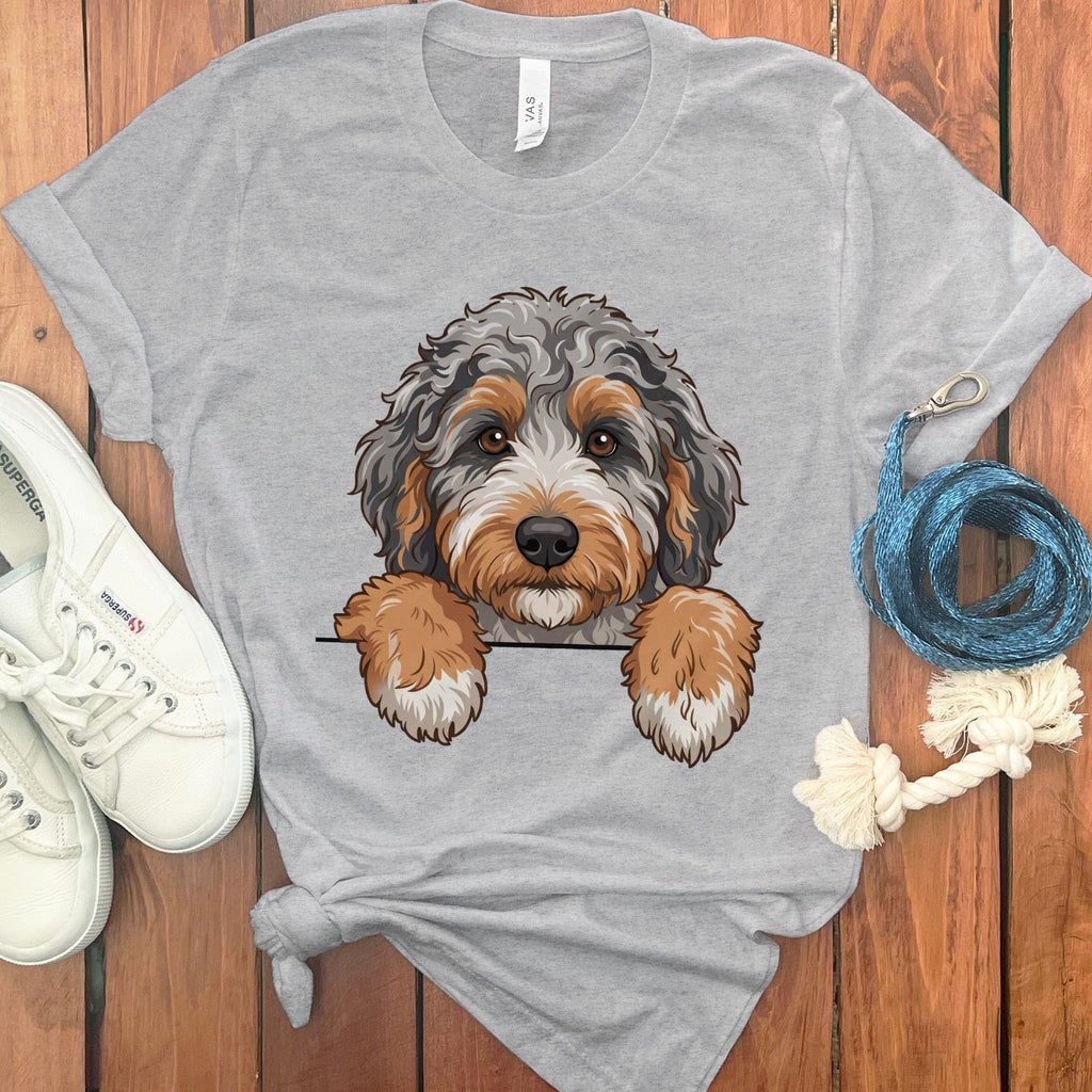 Peeking Aussiedoodle T-Shirt in Athletic Heather / S / T-Shirts #1 by Puppy Jo