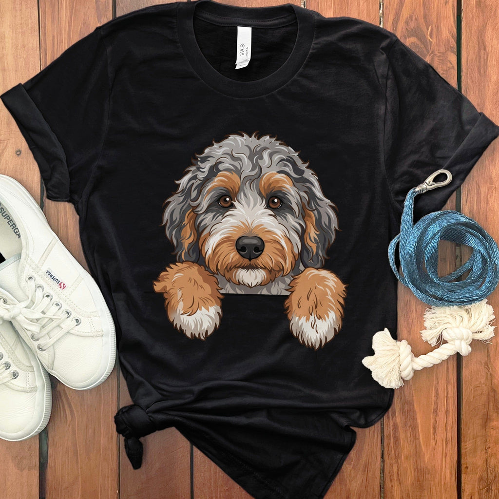 Peeking Aussiedoodle T-Shirt in Black / M / T-Shirts by Puppy Jo