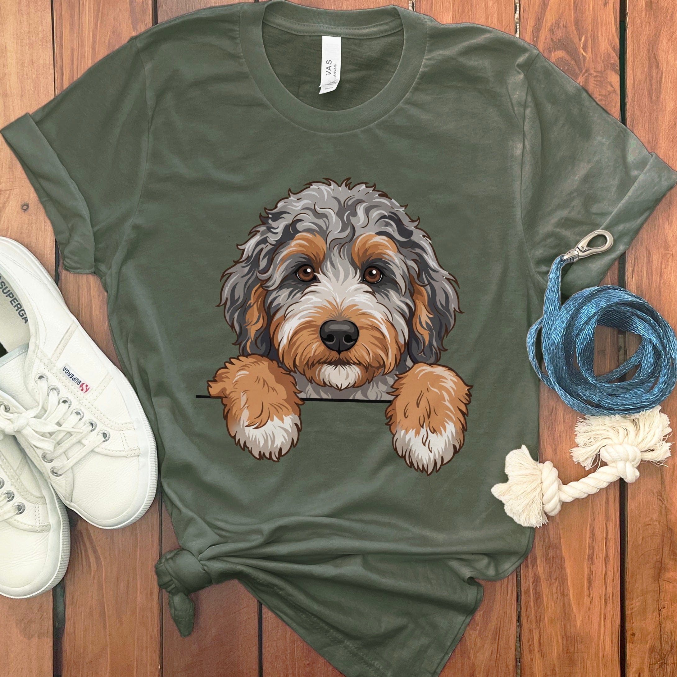 Peeking Aussiedoodle T-Shirt in Military Green / M / T-Shirts by Puppy Jo