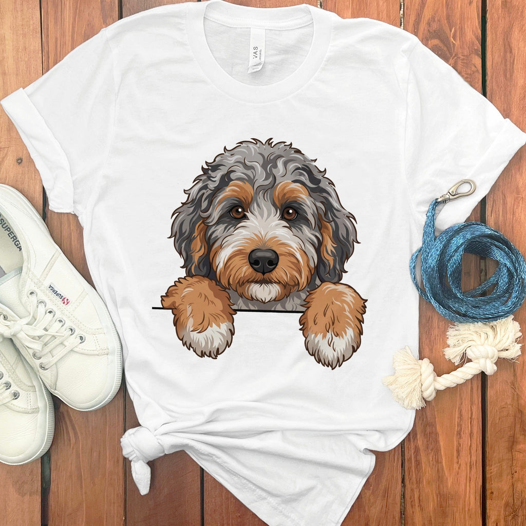 Peeking Aussiedoodle T-Shirt in White / M / T-Shirts #1 by Puppy Jo