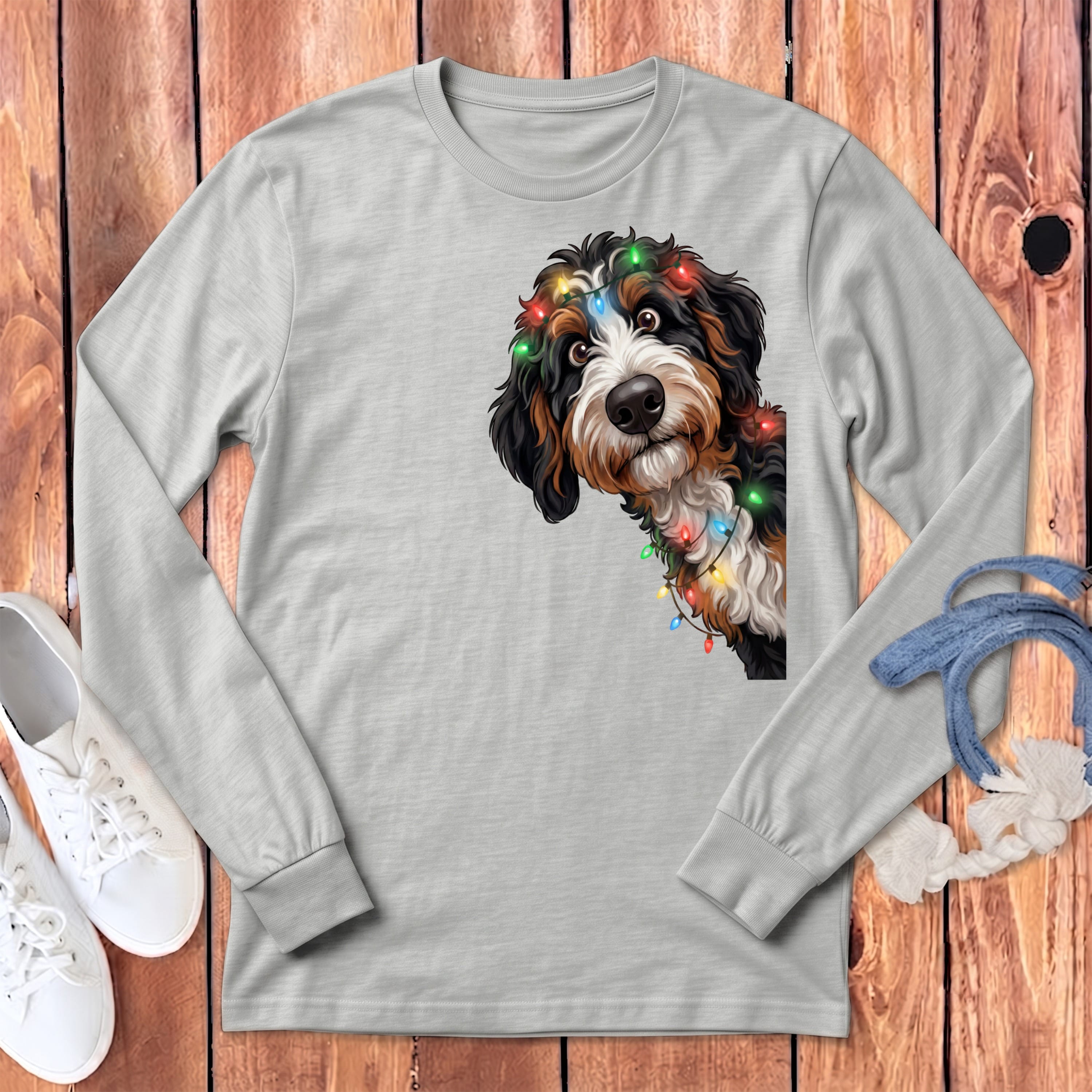 Peeking Bernedoodle Holiday Long Sleeve T-Shirt in Athletic Heather / S by Puppy Jo
