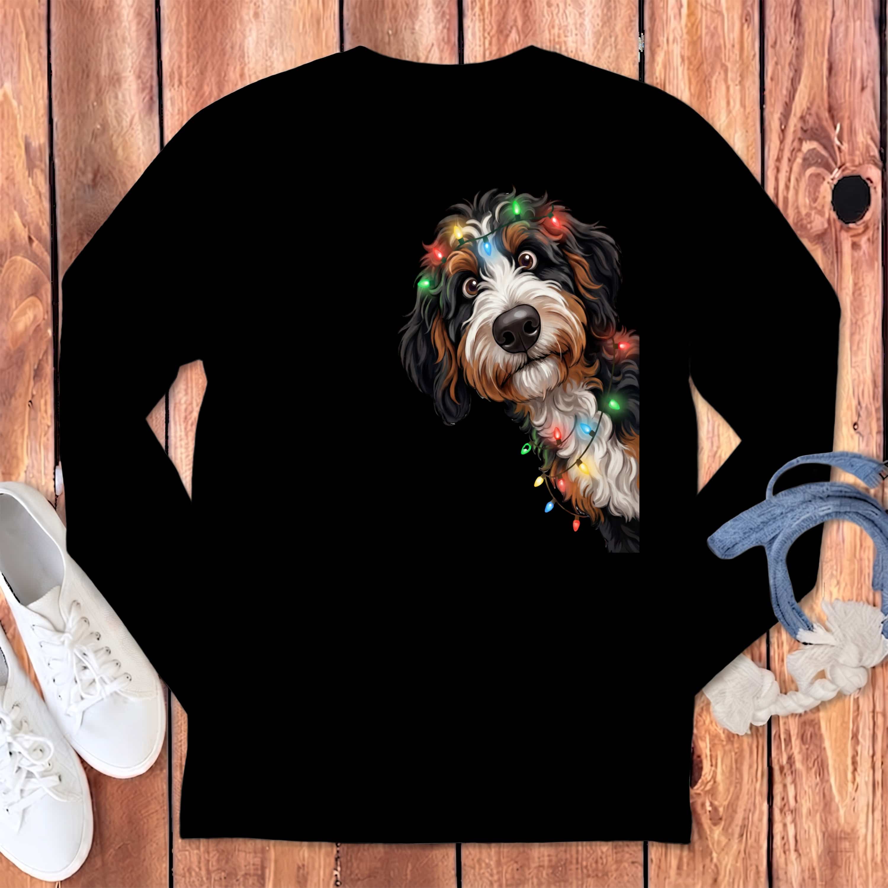 Peeking Bernedoodle Holiday Long Sleeve T-Shirt in Black / S by Puppy Jo